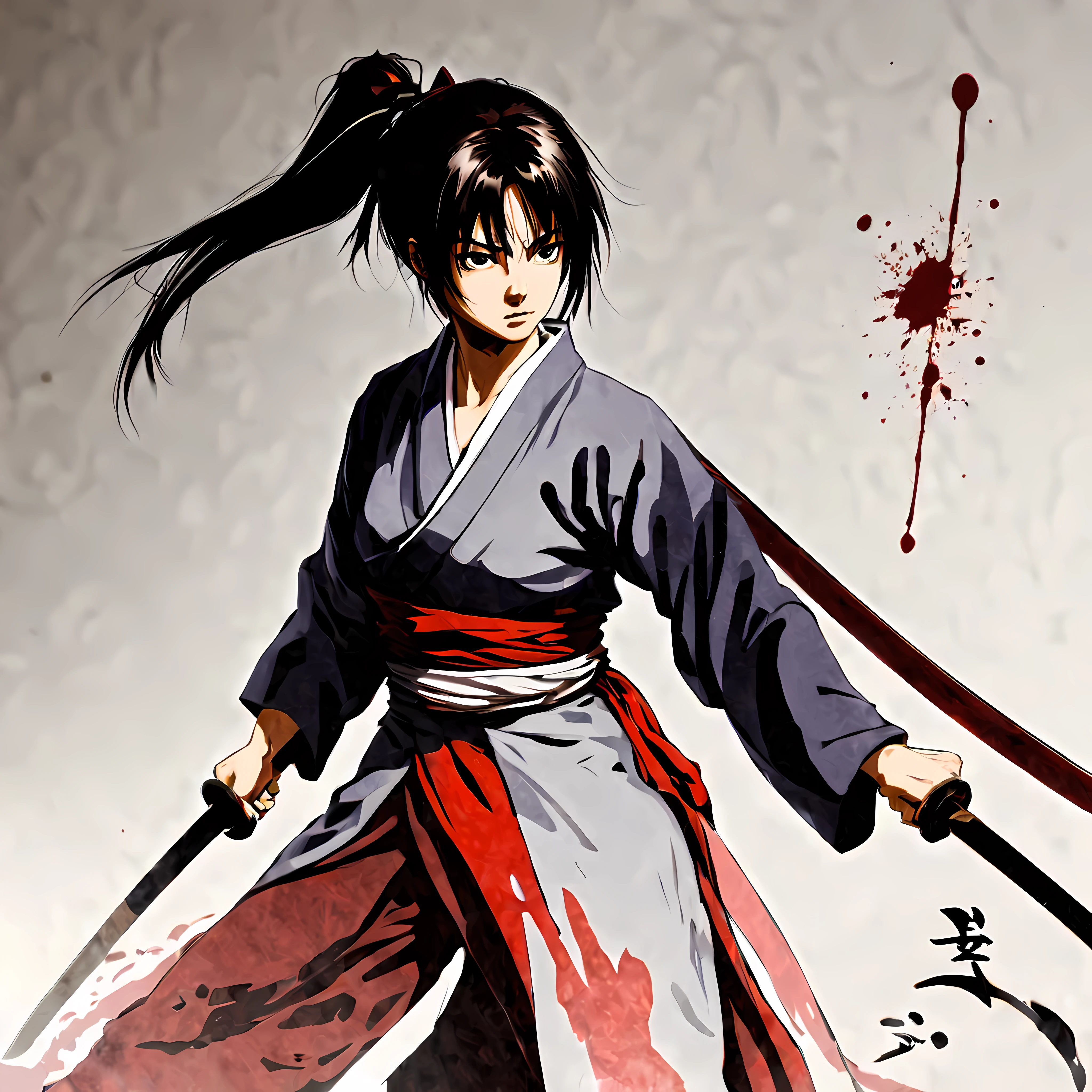 ((Rurouni kenshin anime style:1.3). ((Violent_expression:1.2), ((Female Samurai):1.2), ((Hourglass_figure):1.1). ((fighting stance):1.1), | The figure is depicted with smooth lines, expressing emotions and posture through the contrast of ink density. The background is minimalist, emphasizing light, shadow, and spatial perception.