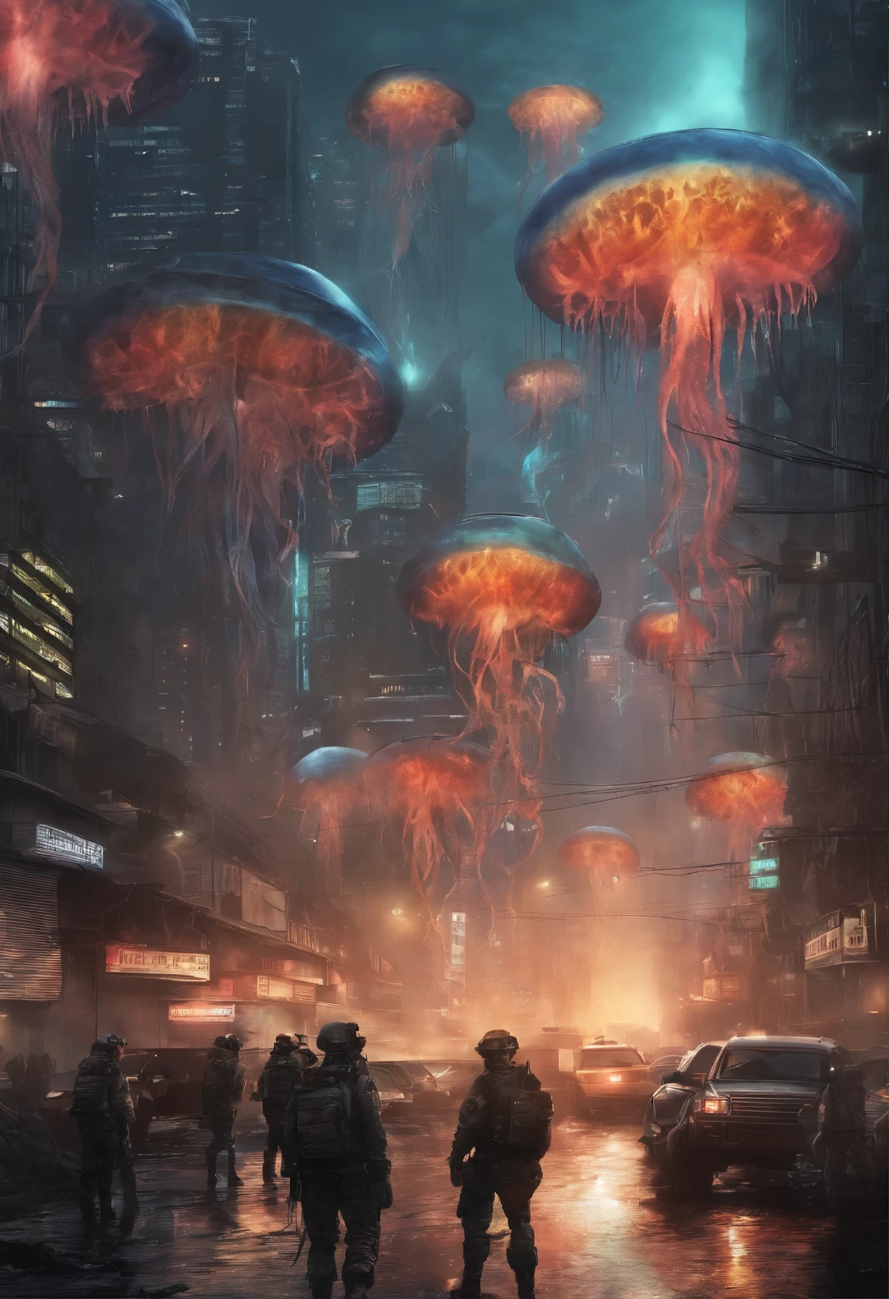 An army of colorful jellyfish fused with machines,Attack with plasma weapons and invade the city, hallucination, bioluminescence、melting city、collapsing earth、gushing magma