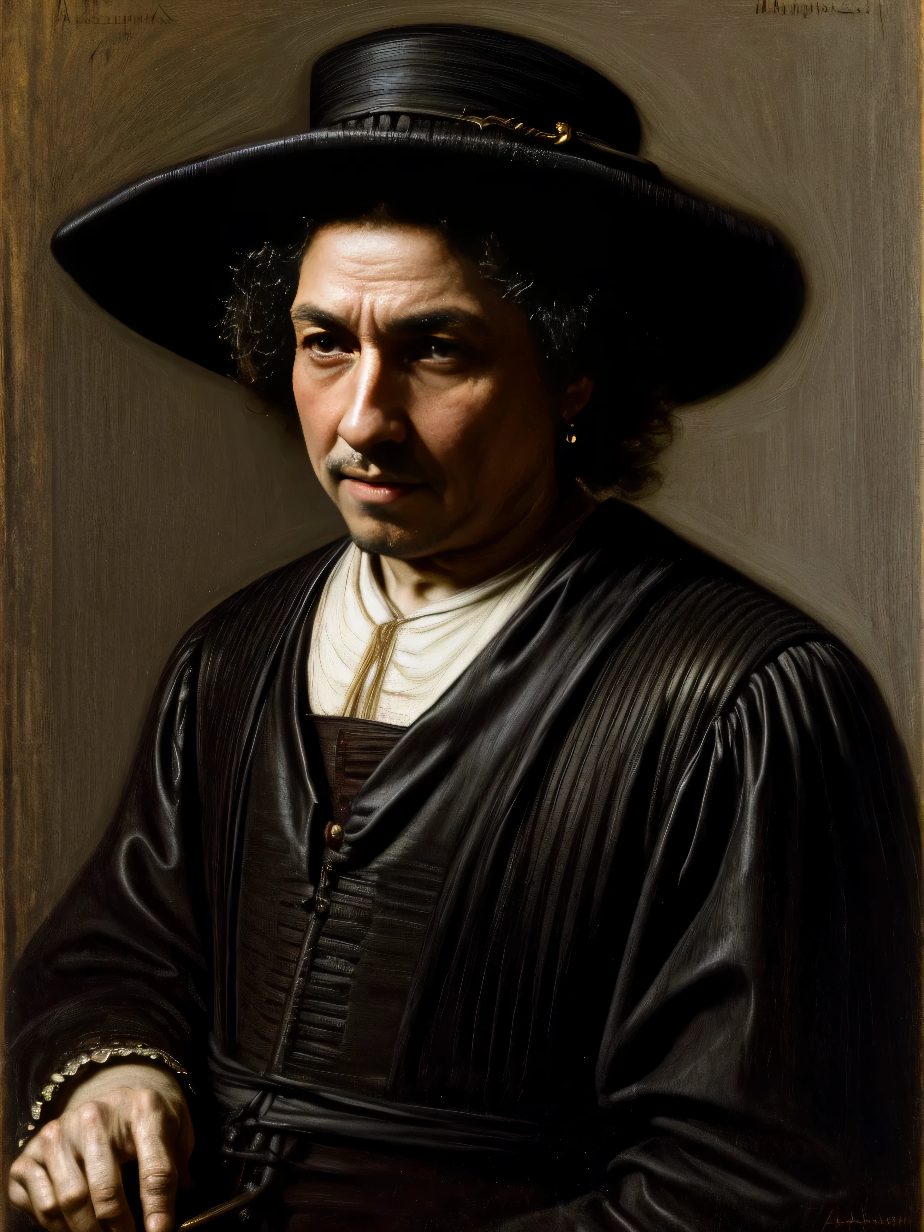 A very old Bob Dylan in a conquistador outfit, sword and shield, slender almost gaunt, with shoulder length black hair, sinister look on his face, smiling, jet black hair, purple coloured eyes, day, medieval aesthetics, sharp focus, intricate details, highly detailed, depth of field, sharp focus, high detail, sunken eyes, no helmet or hat, sharp chin and facial features, olive skin, sharp nose, ragged, angry eyes, Detailed oil painting, Glazing, Tenebrism, scumbling, oil painting, baroque style, by Rembrandt, by Artemisia Gentileschi, Caravaggio