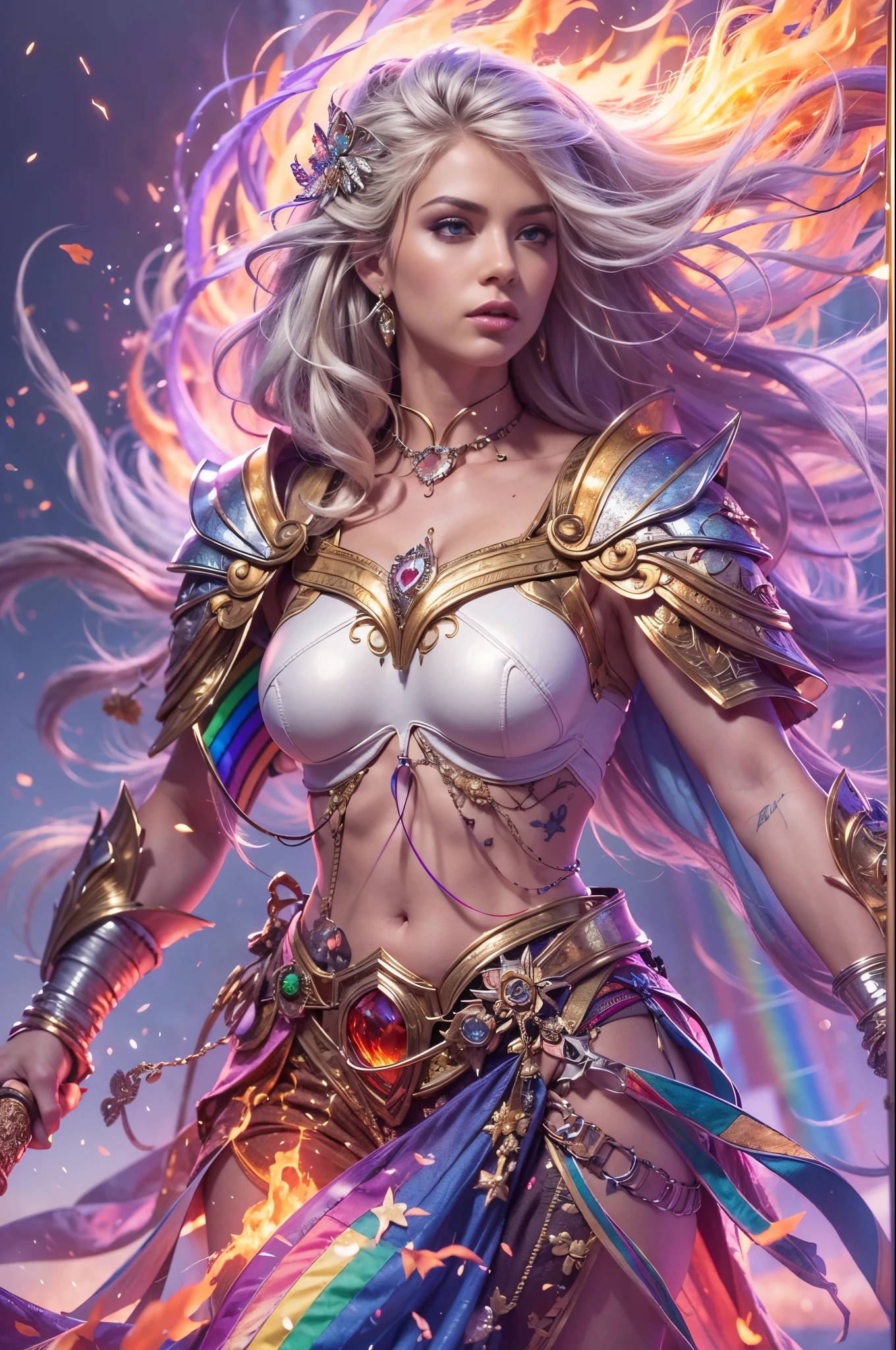 ((Masterpiece, best quality, HDR, realistic, hyper detailed, cinematic, perfect perspective, radiant lighting)),  full body, 1woman, (she is an angel, she has angel wings, she has a golden halo, she is holding a fancy rainbow sword, sword made of rainbow fire), perfect body, silver hair, wavy hair, windy hair, wearing elegant clothing, walking forward, fighting stance, (rainbow fire in the background, rainbow coloured fire)