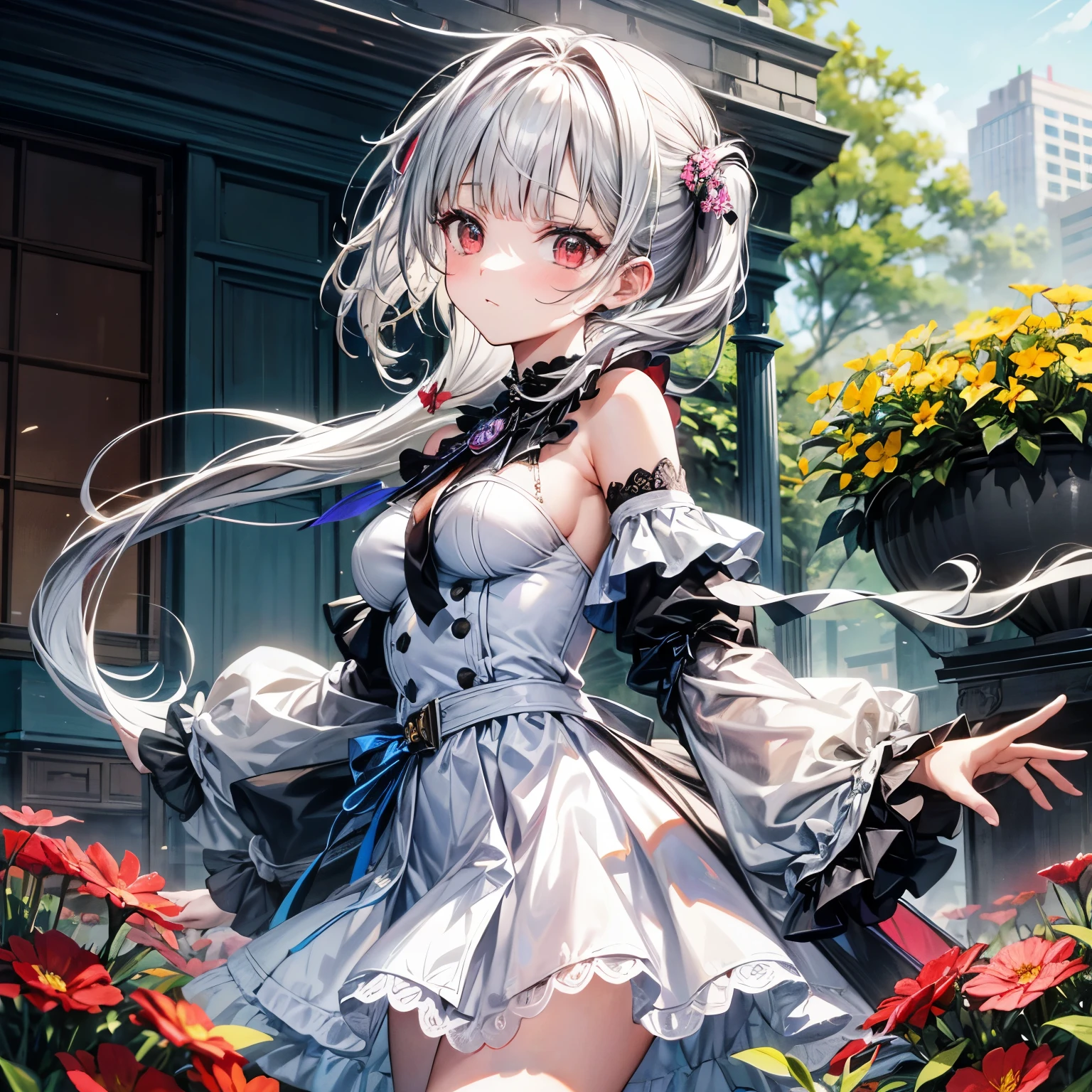 perfect fingers, perfect hands, perfect cute 1girl, embarrassed, red eyes, blunt bangs, side ponytail, white hair, bare shoulders, clothing cutout, frills, white skirt, long sleeves, shirt, shoulder cutout, from side, age,anatomy,
BREAK
flower field, pastel colors, masterpiece, best quality.