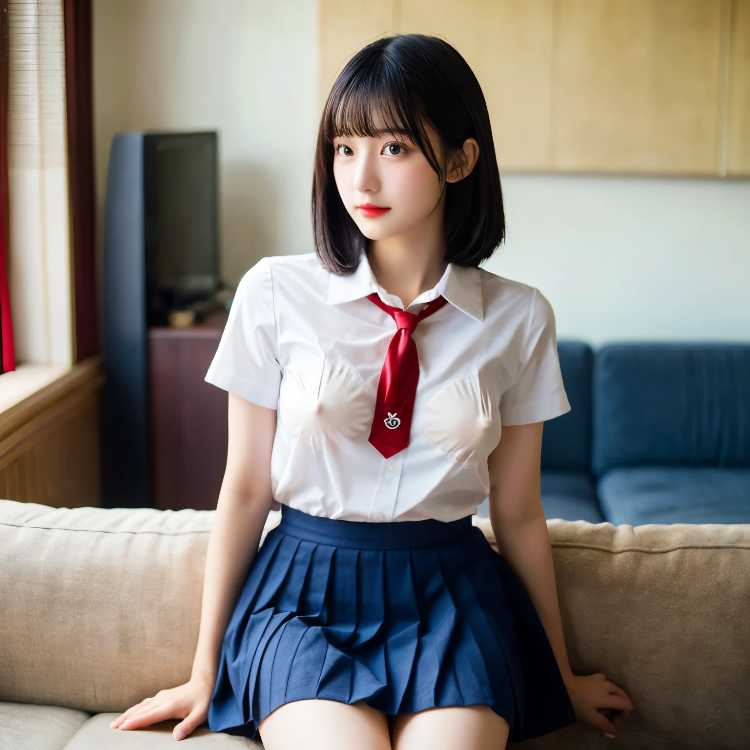 (NSFW)、photorealistic perfect body、Super high quality、Ultra-high realistic image quality、18 year old Japanese female、(black hair、short hair、straight hair)、(big breasts)、high school girl uniform,(white shirt、red tie、navy pleated skirt)、living room at home、random angle、random pose、