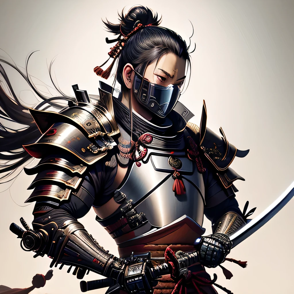 arafed image of a cyborg in traditional samurai armor holding two swords, concept art by Kanō Tan'yū, featured on zbrush central, shin hanga, cyborg samurai, demon samurai warrior, demon samurai, masamune shiro, samurai warrior, bio-mechanical ninja samurai, masamune, epic samurai warrrior, samurai, as samurai