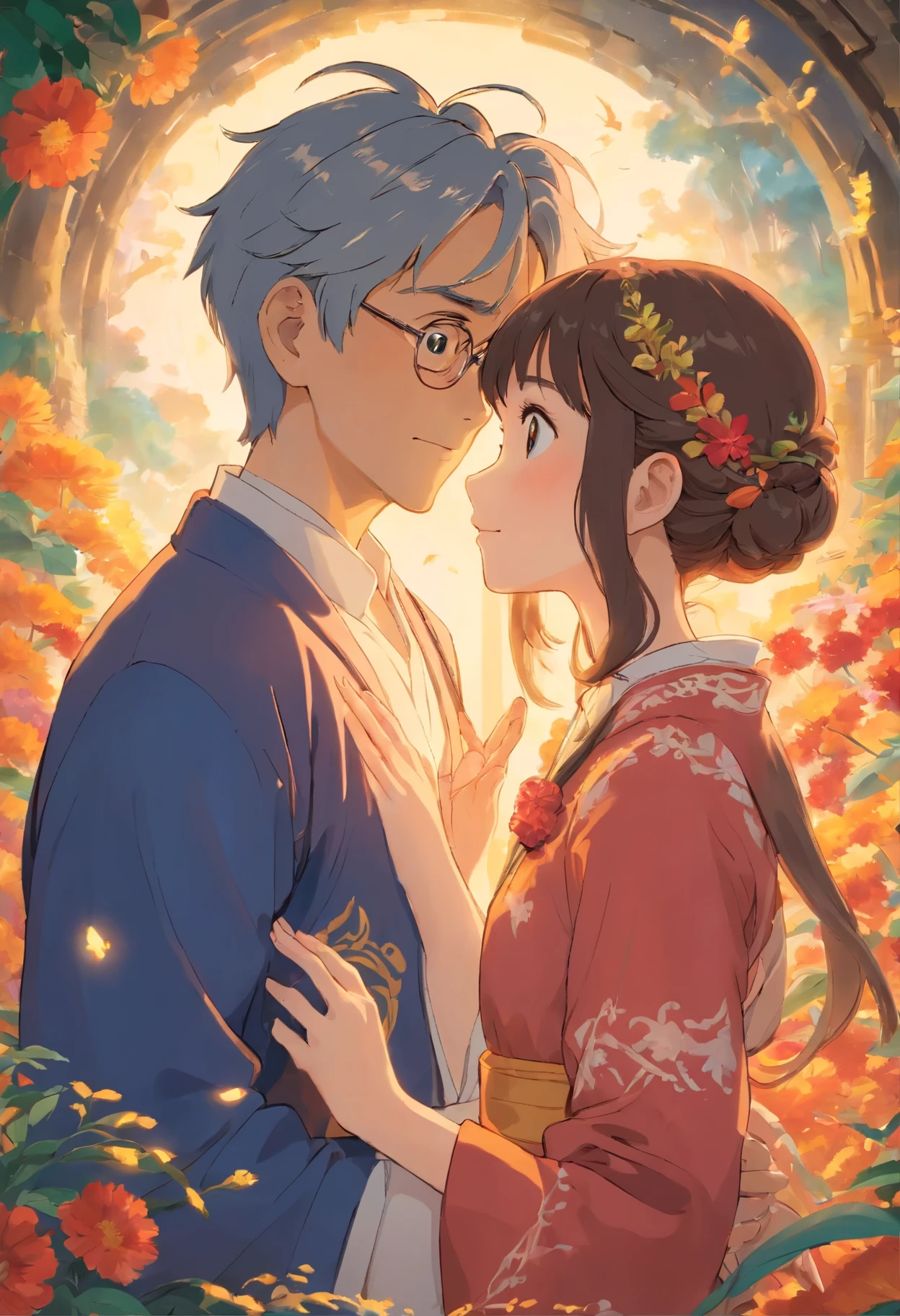 Craft a breathtaking 4K portrait in a captivating anime style, paying homage to the artistic genius of Greg Rutkowski. This medium shot glamour portrait depicts a couple deeply engaged in the experience of listening to music, lost in the captivating depths of each other's eyes. Through meticulous brushstrokes on the canvas, their emotions are immortalized in a vibrant painting that exudes passion and connection. The stunning level of detail and intricacy achieved in this artwork elevates it to an unrivaled level of excellence, where even the tiniest nuances of their expressions and the delicate strands of their hair are flawlessly rendered. With its rich colors, expert shading, and the glowing warmth emanating from their gaze, this masterful creation transports viewers into an enchanting world of love and intimacy.