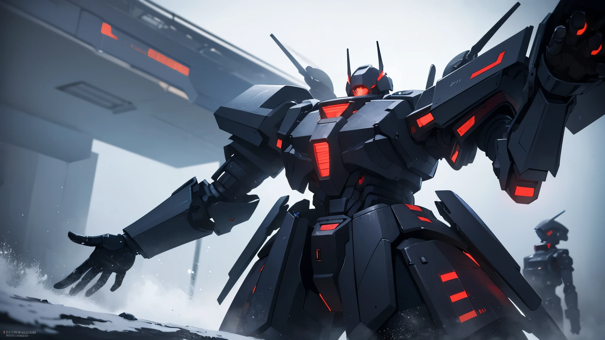 best quality,4k,8k,highres,masterpiece:1.2,ultra-detailed,realistic,portrait,anime:1.1,sci-fi:1.1,mech suits in Schwarzesmarken style,standing, snow-covered landscape,horror elements hinted in the background,dark and moody lighting,harsh shadows,detailed snow textures,sharp focus, vibrant colors,cold blue color palette,heavy snowfall,mech colored in black and red,grim atmosphere,mysterious aura,mech suits ready for action,imposing presence of the mechs in the snowy landscape,blurred falling snowflakes,subtle steam rising from the mechs