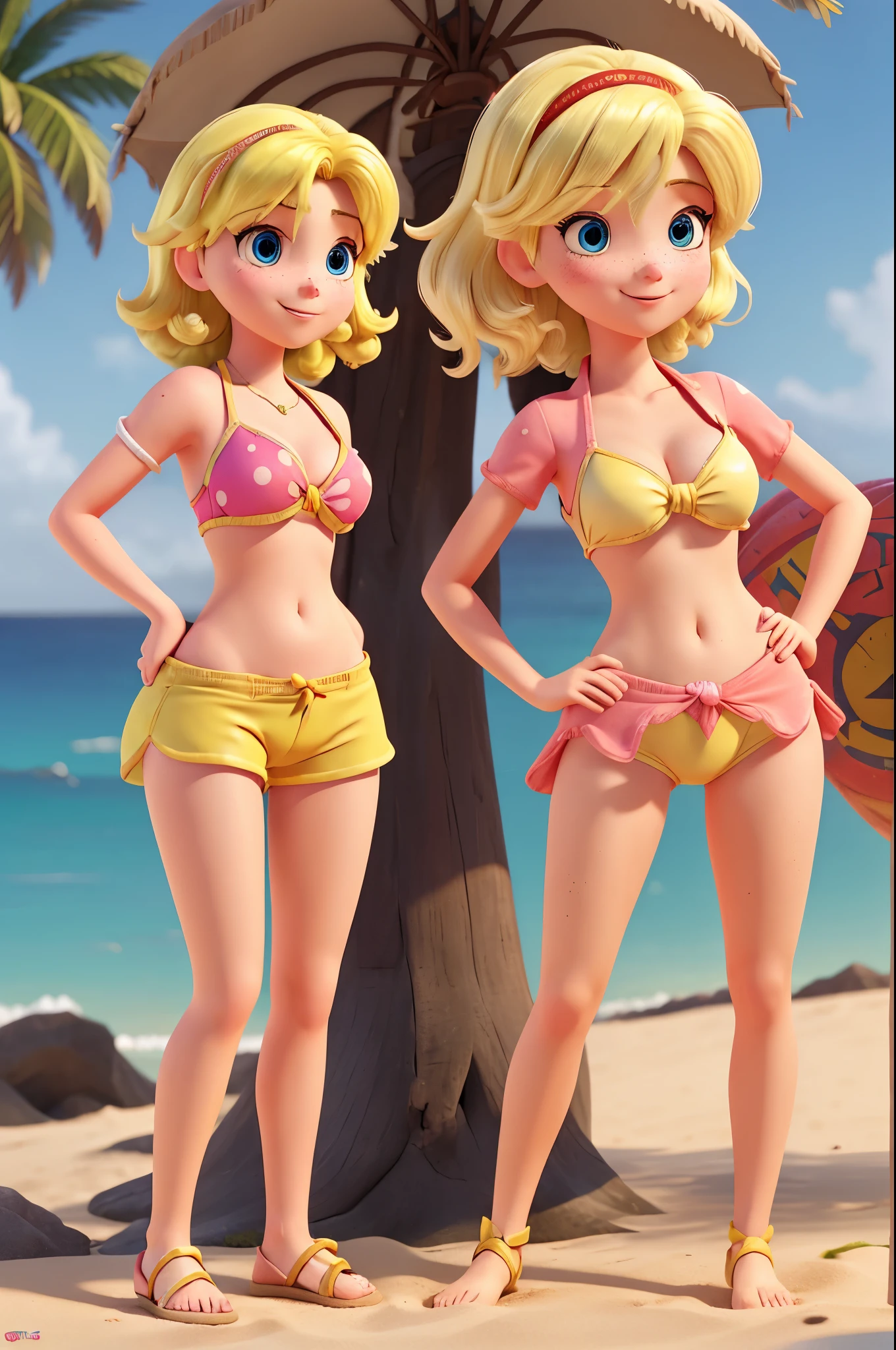 princess peach,shorts trunks,bikini up,view crotch,outdoor beach,realistic details in the clothes, short yellow hair, freckles on the face