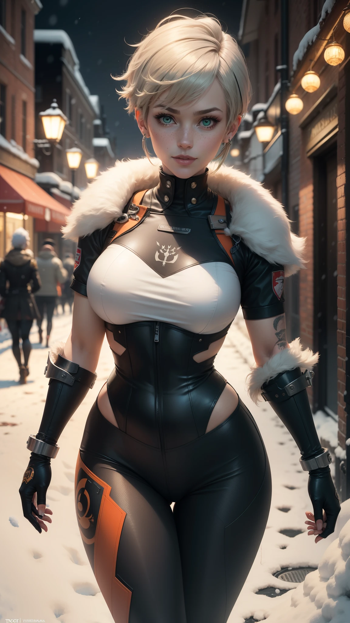 gwen tennyson,tracer,yorha 2b,rebecca chambers,overwatch,atelier ryza,close up,christmas town,tattoos,orange plugsuit,short sleeve pilot top,short sleeve pilot jacket,orange sport leggings,mech pilot leather corset, short hair,punk makeup,green eyes,multicolored silver hair,sexy smile,freckles,beautiful girl,large breasts,8k,ultra detailed,realistic,fantasy art,steel armor,cyborg armor,fur armor, gundam pilot uniform,pilot scarf,pilot hair pin,ear piercings,christmas lights,military hand and neck jewelry,walking,(weather:snowing),close up,