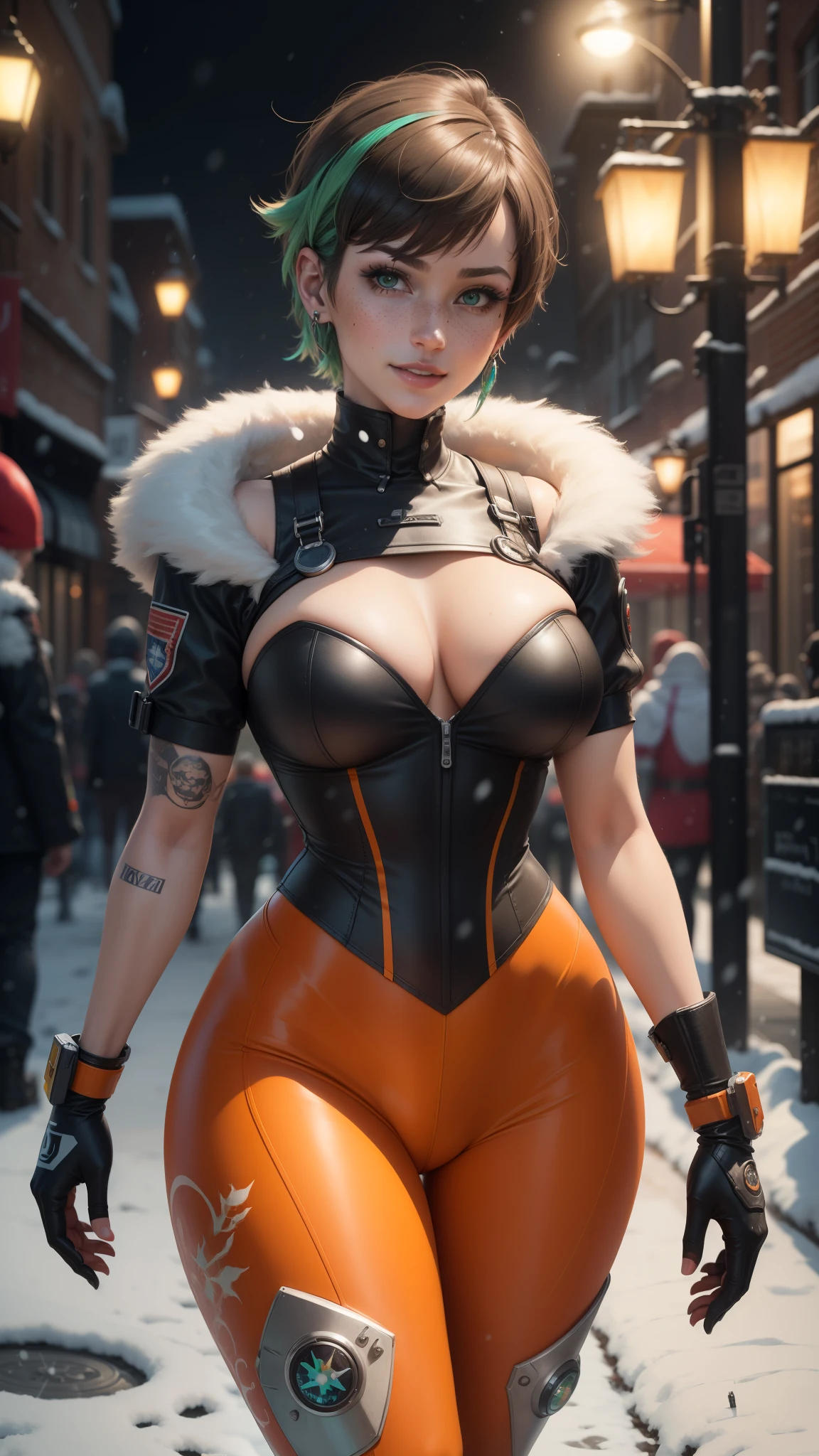 gwen tennyson,tracer,yorha 2b,rebecca chambers,overwatch,atelier ryza,close up,christmas town,tattoos,orange plugsuit,short sleeve pilot top,short sleeve pilot jacket,orange sport leggings,mech pilot leather corset, short hair,punk makeup,green eyes,multicolored silver hair,sexy smile,freckles,beautiful girl,large breasts,8k,ultra detailed,realistic,fantasy art,steel armor,cyborg armor,fur armor, gundam pilot uniform,pilot scarf,pilot hair pin,ear piercings,christmas lights,military hand and neck jewelry,walking,(weather:snowing),close up,