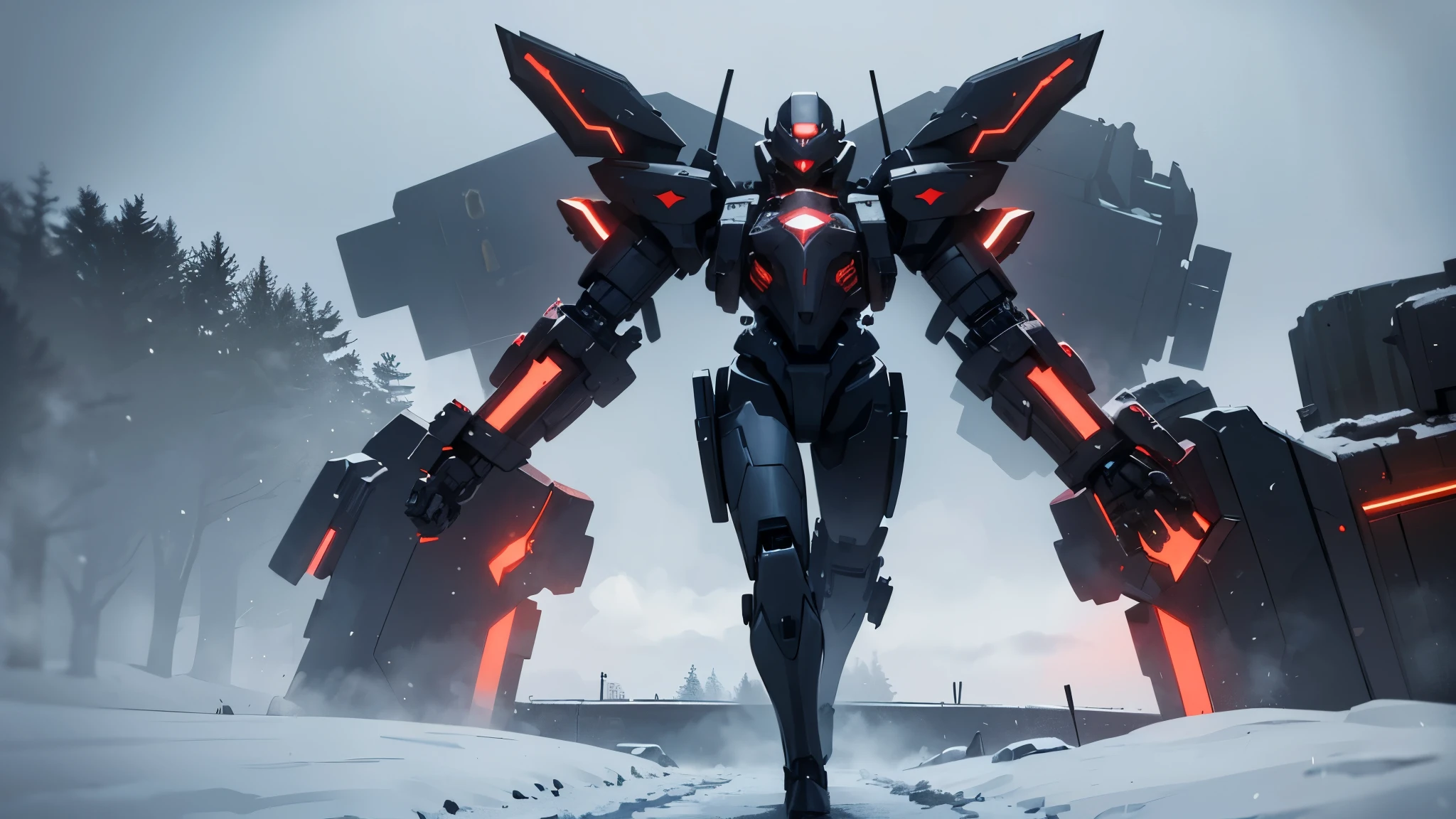 best quality,4k,8k,highres,masterpiece:1.2,ultra-detailed,realistic,portrait,anime:1.1,sci-fi:1.1,mech suits in Schwarzesmarken style,standing, snow-covered landscape,horror elements hinted in the background,dark and moody lighting,harsh shadows,detailed snow textures,sharp focus, vibrant colors,cold blue color palette,heavy snowfall,mech colored in black and red,grim atmosphere,mysterious aura,mech suits ready for action,imposing presence of the mechs in the snowy landscape,blurred falling snowflakes,subtle steam rising from the mechs