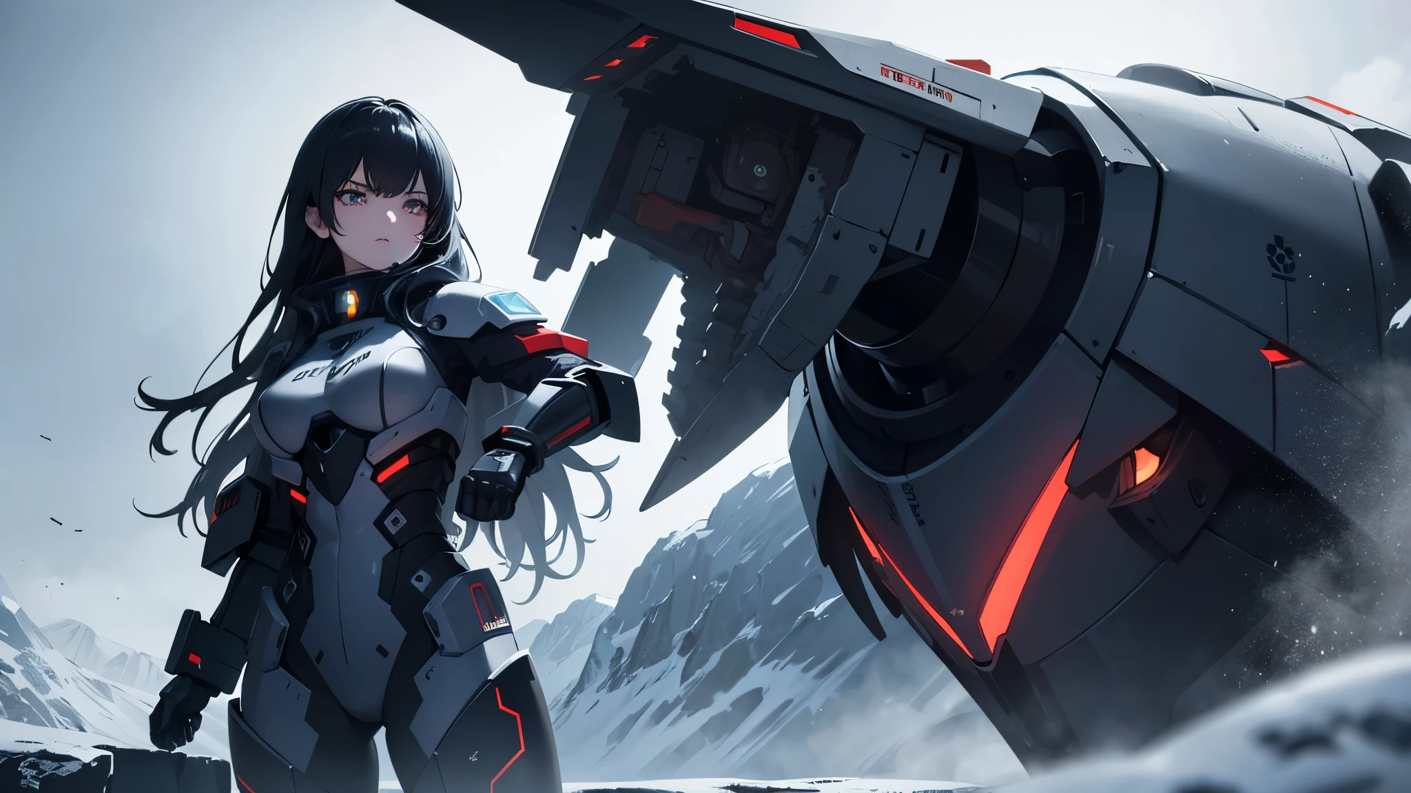best quality,4k,8k,highres,masterpiece:1.2,ultra-detailed,realistic,portrait,anime:1.1,sci-fi:1.1,detailed girl character with beautiful eyes, lips and face,long eyelashes,mech suits in Schwarzesmarken style,standing, snow-covered landscape,horror elements hinted in the background,dark and moody lighting,harsh shadows,detailed snow textures,sharp focus, vibrant colors,cold blue color palette,heavy snowfall,mech suits colored in black and red,grim atmosphere,mysterious aura,serious expressions on characters' faces,mech suits ready for action,imposing presence of the mechs in the snowy landscape,blurred falling snowflakes,wind blowing through characters' hair,subtle steam rising from the mechs