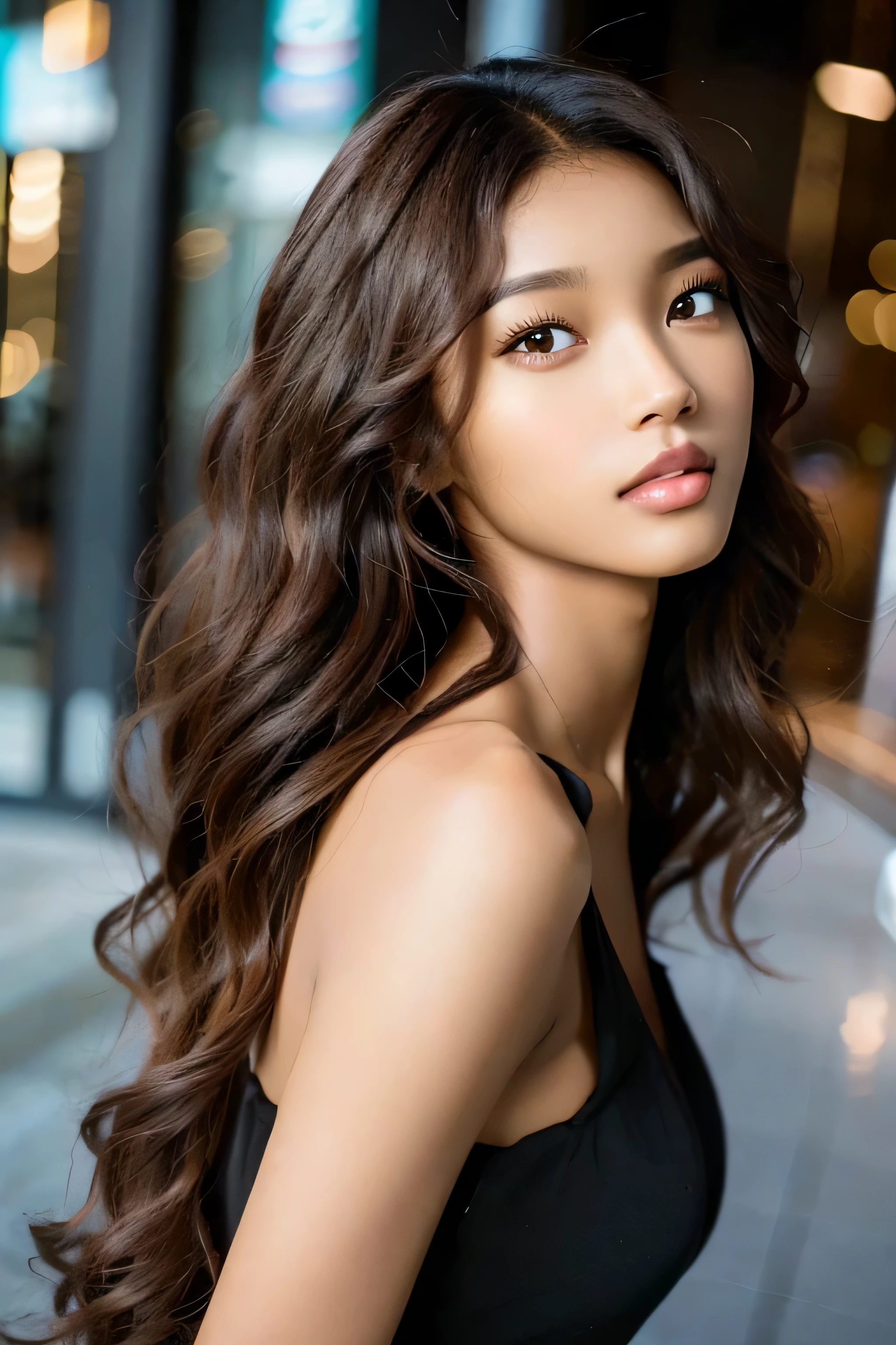 Mixed black and asian woman, best quality, long dark curly hair, brown skin