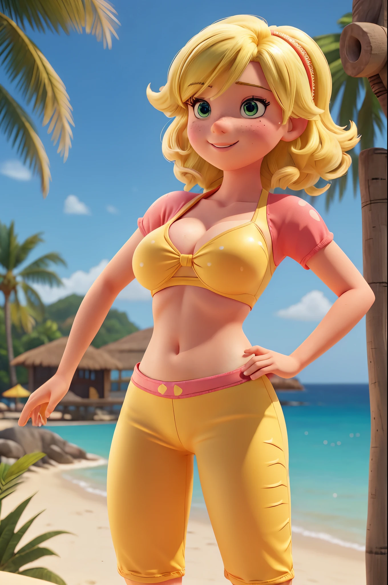 princess peach,shorts trunks,bikini up,view crotch,outdoor beach,realistic details in the clothes, short yellow hair, freckles on the face and skin,tight clothing, thick pants,