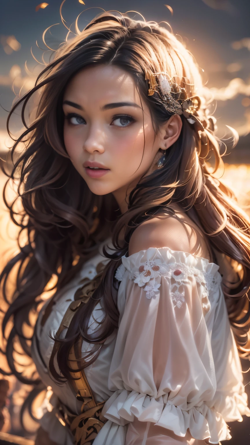 Masterpiece, Лучшее quality(realism: 1.3), Great, quality, Rembrandt lighting, (Masterpiece: 1.2), (realism: 1.2), (Best quality), (leather details: 1.3), (complex part), dramatic, Idyllic, ray tracing, 1 girl .young beautiful girl, long black hair, юная 16 years, modern clothes (meadow, Sun, clouds, fields , star Light, facing the viewer. The behavior of the Greek goddess. ((thin eyes)), mole under the eye, Brown eyes, juicy lips, blonde hair, very long hair, Closed mouth and smile,16 years, self-portrait, White dress.