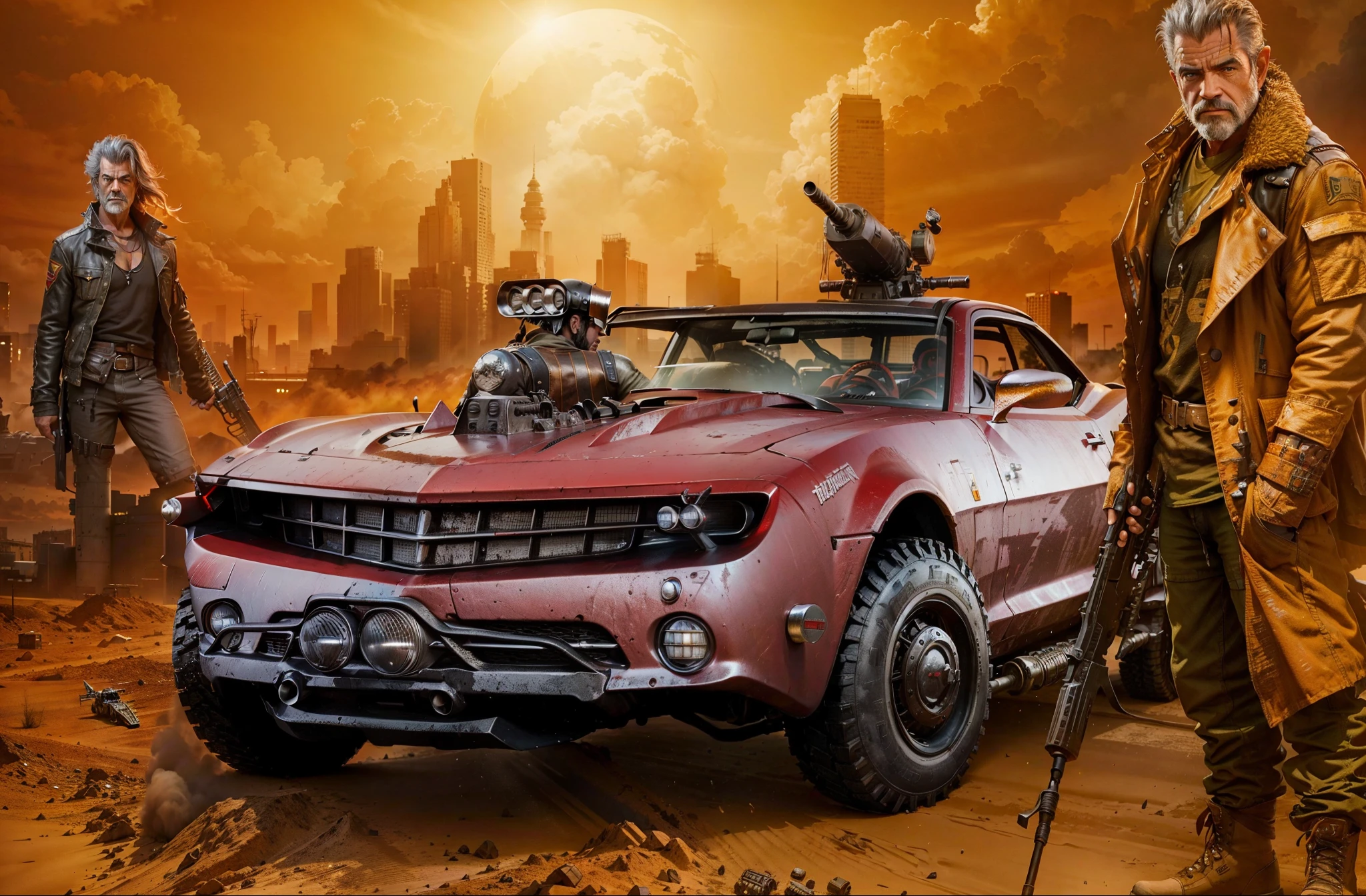 A grunge and deteriored RED Chevy Corvette transformed in a battle car with missiles and machine gun with an warrior man Mel Gibson is in right side and a warrior woman in the left in the background theres a huge city with a lot of shosts buildings and a large sun shining