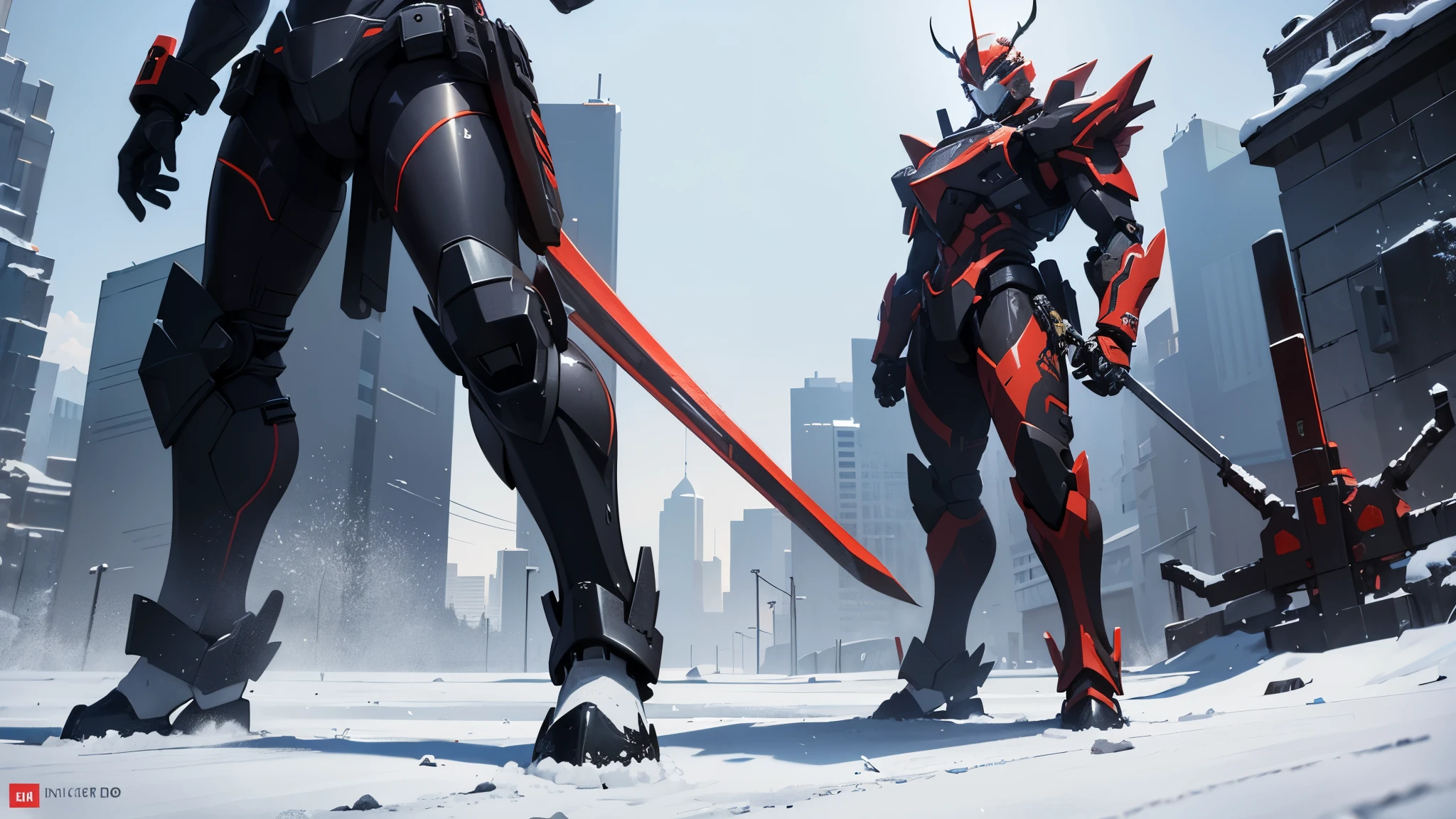 Mech, standing in the snow, (Sword , black, red), ultra-realistic, (best quality, 4k, highres, masterpiece:1.2), ultra-detailed, professional, vivid colors, studio lighting, sharp focus, physically-based rendering, HDR, UHD, extreme detail description