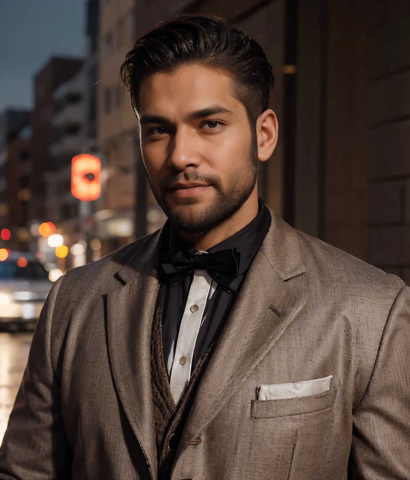 Buetifull man with a full dark  hazel brown beard and white skin, has short brown hair thats comed to the side, shaved sides,. Wearing a brown coat with a blsck suit vest and grey suit pants, strong hawline and cheekbones, has dimples, full beard, white skin, standing outside, close up of face,