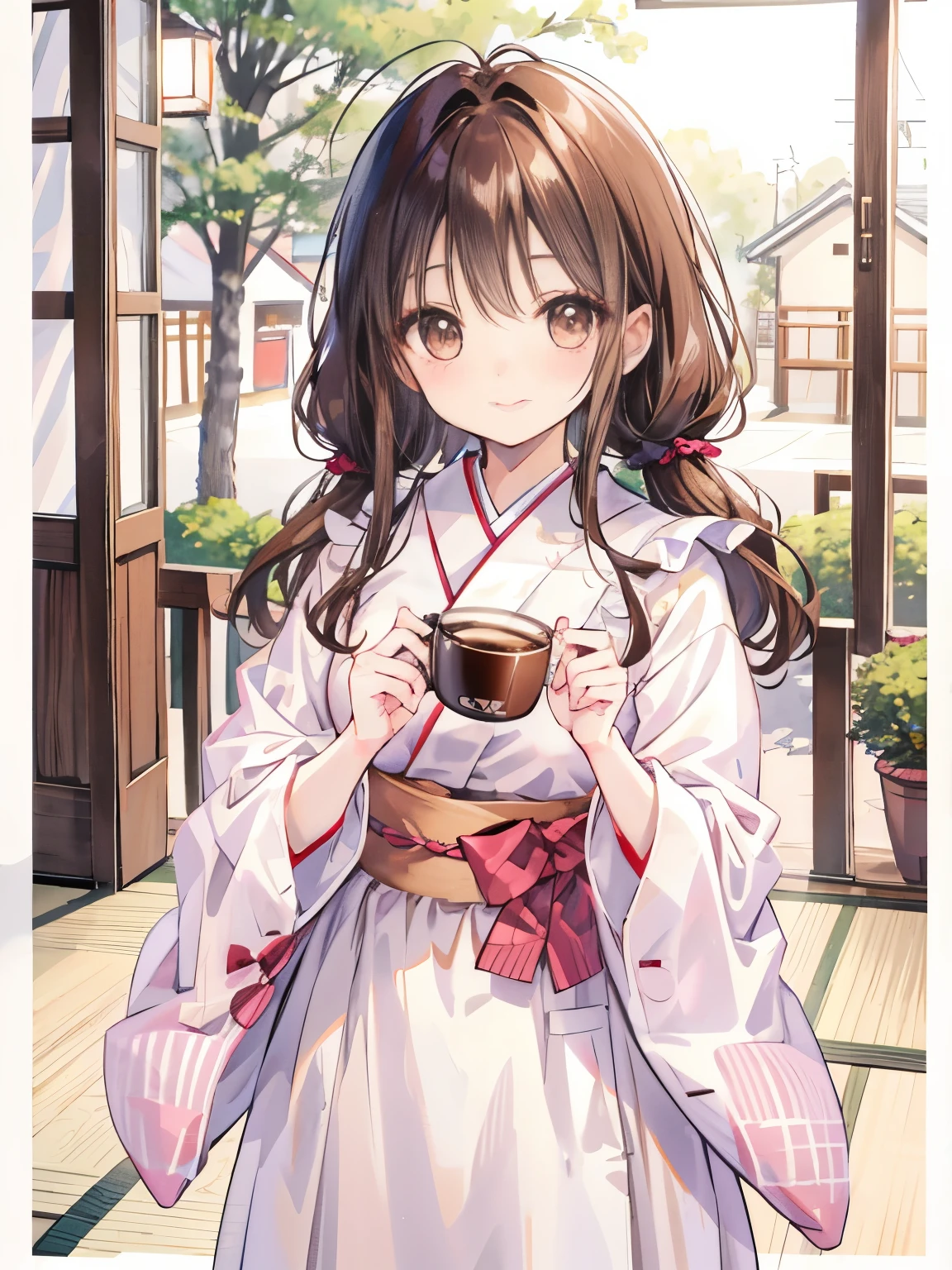 young girl holding a coffee cup in her hand, cute女の子, cute-well-groomed face, cute、well-groomed face, Sakimi-chan, Chiho, Yoshitomo Nara, young and cute face, beautiful japanese girl face, brown hair and big eyes, cutecute女の子, beauty