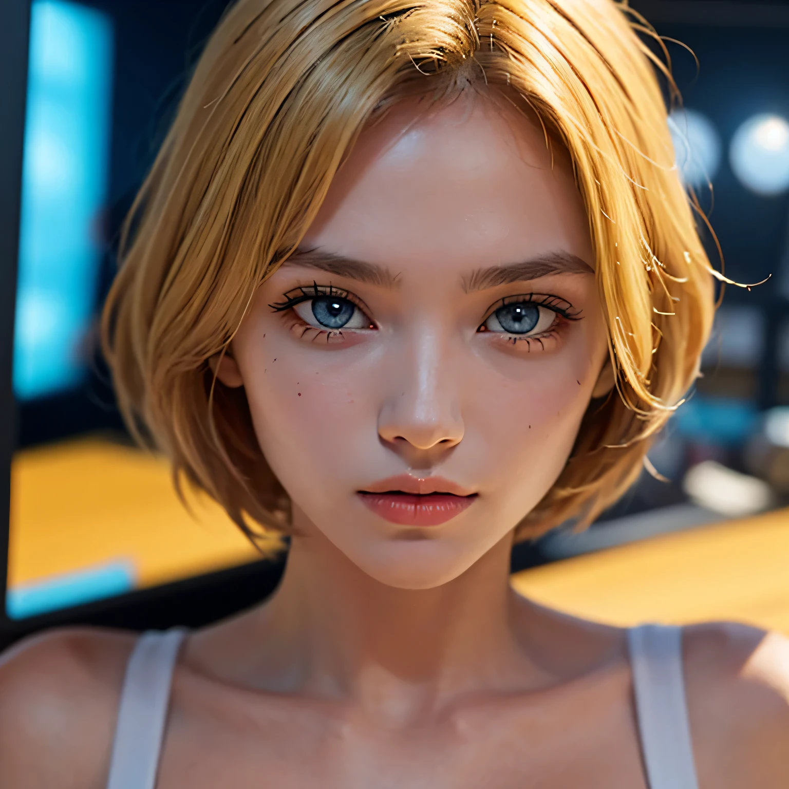 1girl wearing topless, wattson \(apex legends\), wattson, (best quality, masterpiece, normat angle, establishing shot, highest detailed),upper_body, tight, blonde hair,short hair,blue eyes,detailed eyes,expressive detailed eyes,wide eyed,detailed pupils,topless,small_breasts,cut face,big eyes, face details, in a photo studio