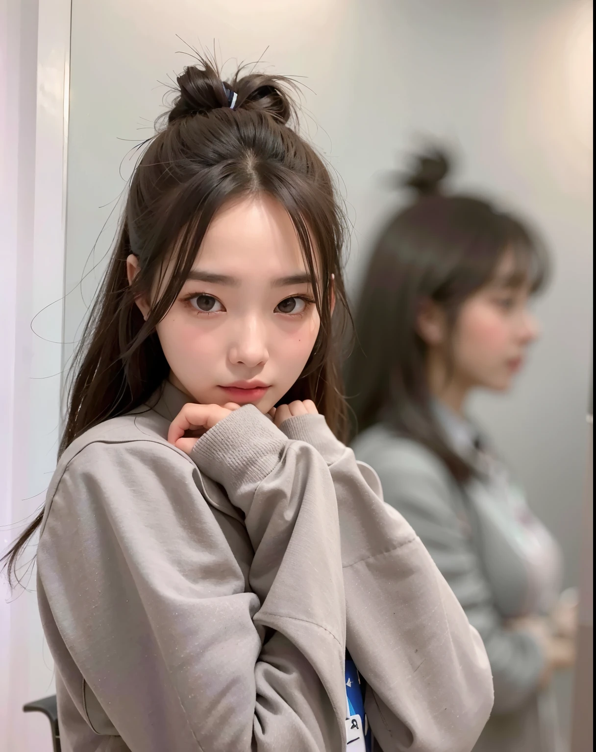 Araffed Asian woman with long hair and a gray jacket., ulzzang, xisionwu, chen xintong, muchacha coreana, wenfei ye, sakimichan, Lulu Chen, hermosa imagen, pale korean adorable face, foto de perfil en la cabeza, sha xi, Young cute pale asian face, kanliu666, lee ji-eun, Im Nayeon de Twice 
