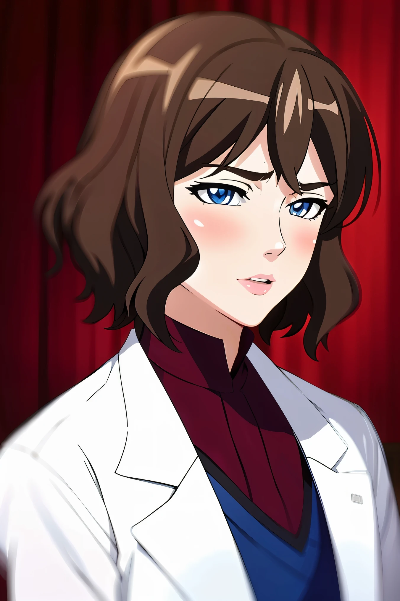  stunning and intricate full color portrait, brown hair, blue eyes, wearing a white doctor's coat, red blouse, epic character composition, alessio albi, nina masic, sharp focus, natural lighting, subsurface dispersion, f2, 35mm