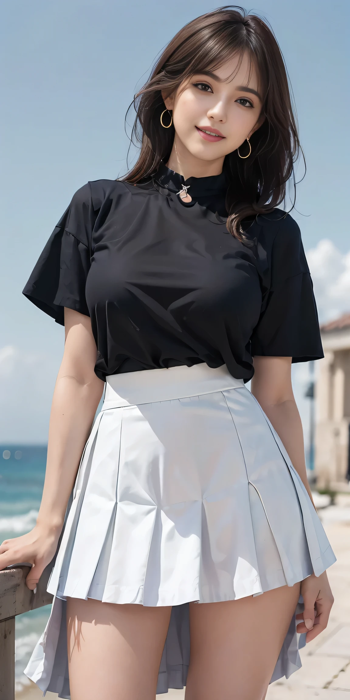 femenino, 20 years, cabello corto negro、flequillo、swollen nipple、(Jersey de cuello alto blanco)、(Falda larga azul), Medias negras、leche media, linda cara de sonrisa、((Postures that emphasize the glutes..、volteado))、caderas sexys、Tacones altos negros、collar grande、((((the wind blew my skirt, exponer mis bragas...))))、(Braguitas de encaje blanco)、Lindos aretes、(Incline ligeramente la cabeza)