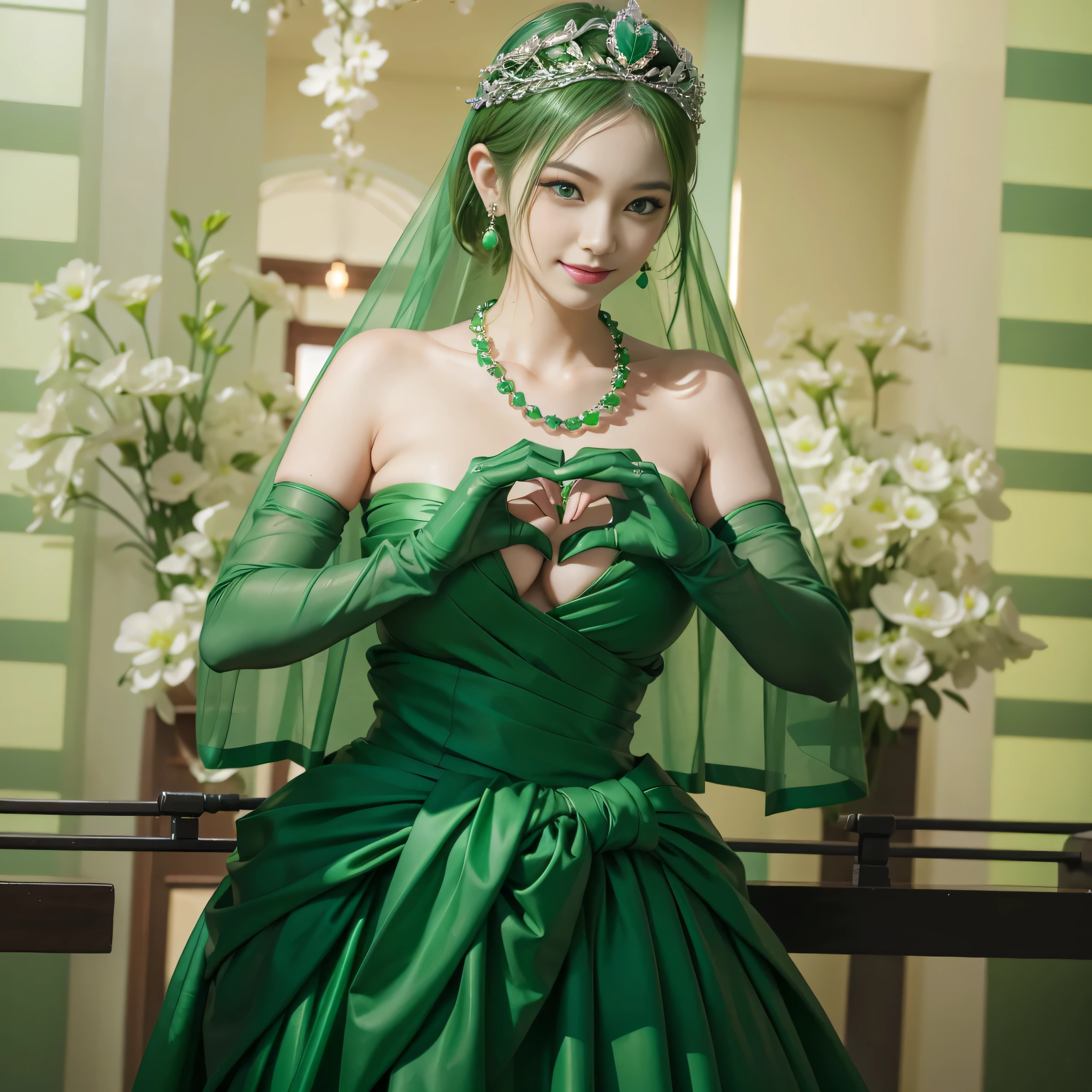 emerald tiara, Green Pearl Necklace, ボーイッシュな非常に短いgreen hair, green lips, smiling Japanese woman, very short hair, Beautiful woman with big breasts, green eyes, green satin long gloves, green eyes, emerald earrings, Green veil, Heart with both hands, green hair, beautiful japanese woman, heart shaped hands:1.3, green lip gloss