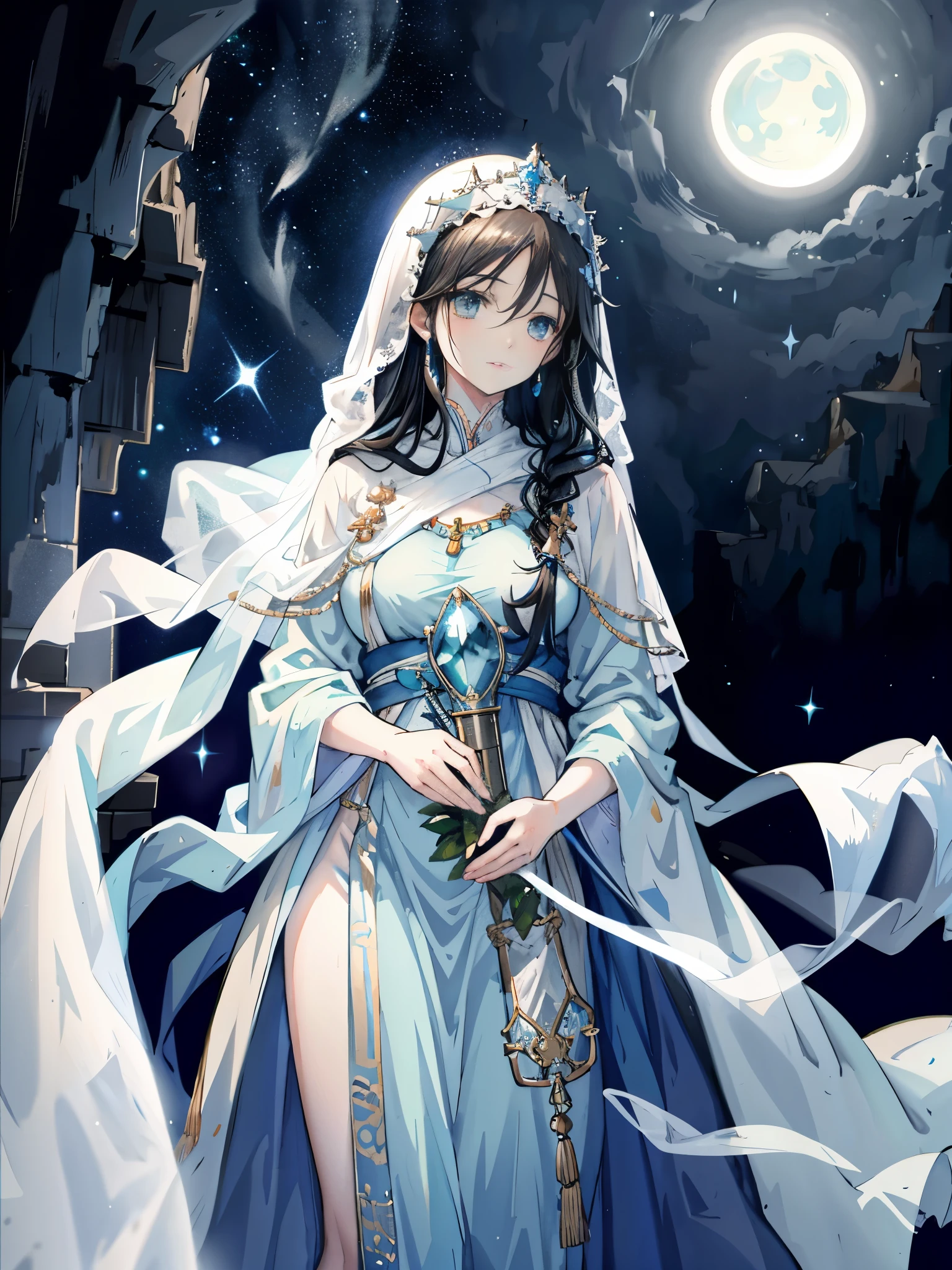 mother of jesus, black hair and green eyes, light brown skin, wearing a light blue robe, and a sky blue veil, A calm expression that brings peace (whole body) near the window, illuminated by the moon (magnificent and realistic)