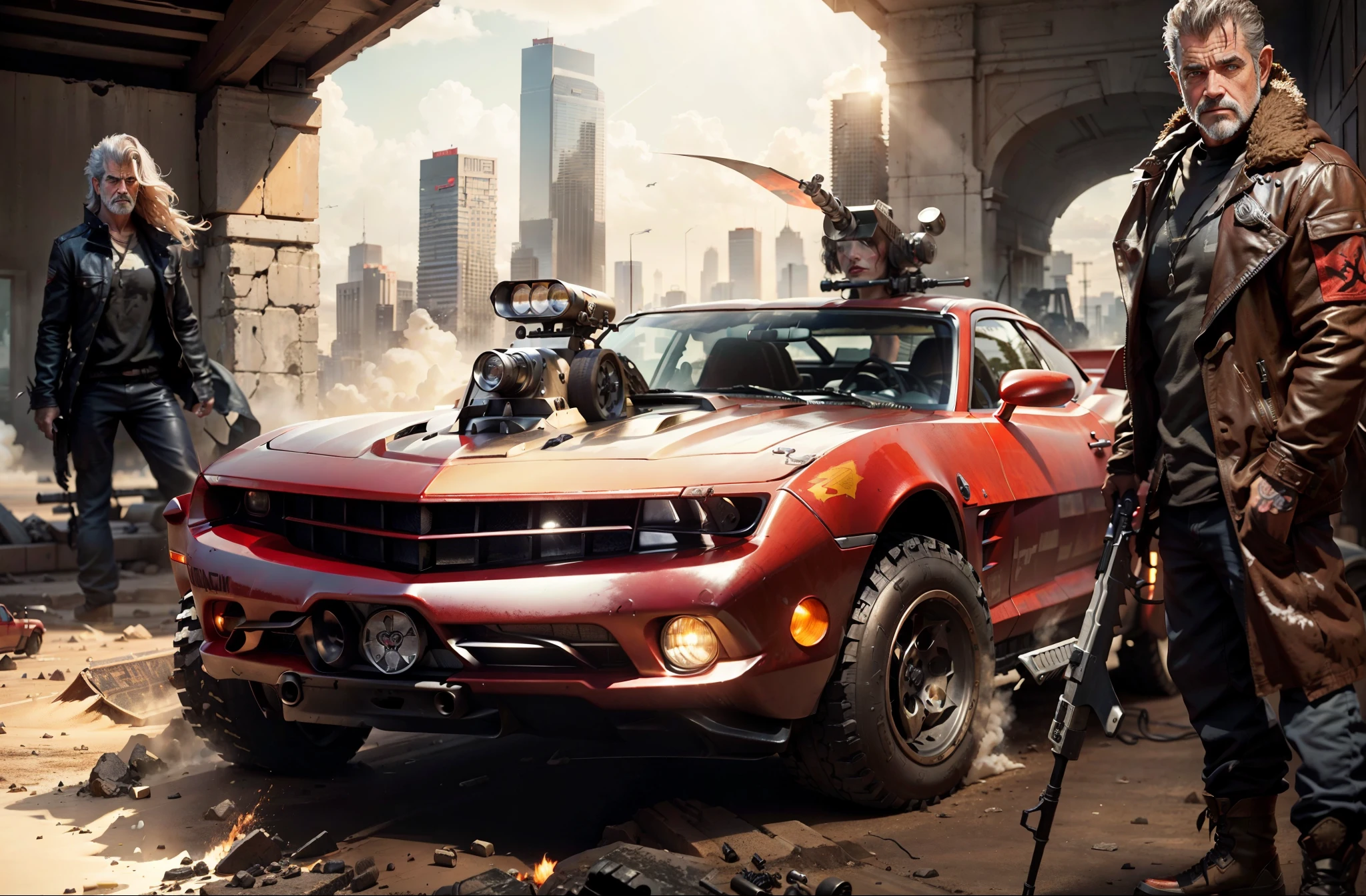 A grunge and deteriored RED Chevy Corvette transformed in a battle car with missiles and machine gun with an warrior man Mel Gibson is in right side and a warrior woman in the left in the background theres a huge city with a lot of shosts buildings and a large sun shining