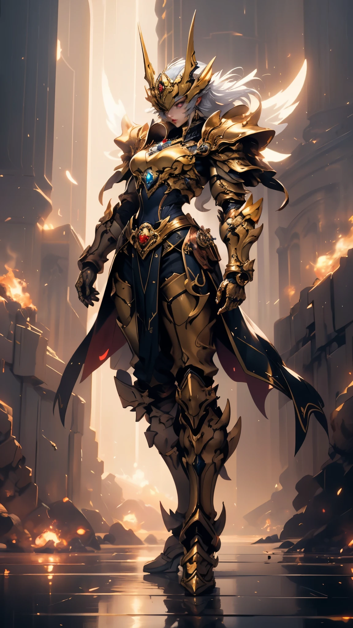 A woman adorned in fantasy-style full-body armor, a crown-concept fully enclosed helmet that unveils only her eyes, a composite layered chest plate, fully encompassing shoulder and hand guards, a lightweight waist armor, form-fitting shin guards, the overall design is heavy-duty yet flexible, ((the armor gleams with a golden glow, complemented by red and blue accents)), exhibiting a noble aura, she floats above a fantasy-surreal high-tech city, this character embodies a finely crafted fantasy-surreal style armored hero in anime style, exquisite and mature manga art style, (mixture of Queen bee and Spider concept Armor, plasma, blood), ((Element, energy, elegant, goddess, femminine:1.5)), metallic, high definition, best quality, highres, ultra-detailed, ultra-fine painting, extremely delicate, professional, anatomically correct, symmetrical face, extremely detailed eyes and face, high quality eyes, creativity, RAW photo, UHD, 32k, Natural light, cinematic lighting, masterpiece-anatomy-perfect, masterpiece:1.5