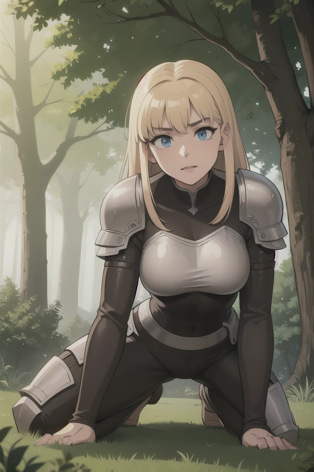 ((Best quality)), ((Masterpiece)), (detailed), perfect face perfect figure, Female Knight, Middle Ages, woman in knight's armor and leather clothes, blonde with blue eyes, One woman, In the forest, forest background, lots of bumpers, aged woman, stands on all fours, kneeling