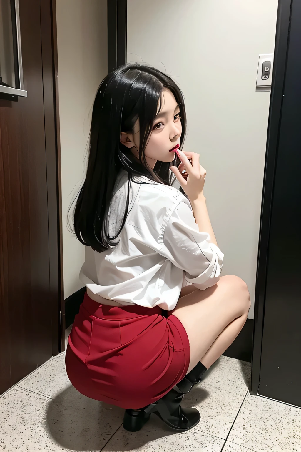 Back view only、red mini skirt、Beautiful dark-haired woman in a white blouse、squat、NSFW、Urine from female genitalia、pubic hair、toilet、put urine in a paper cup