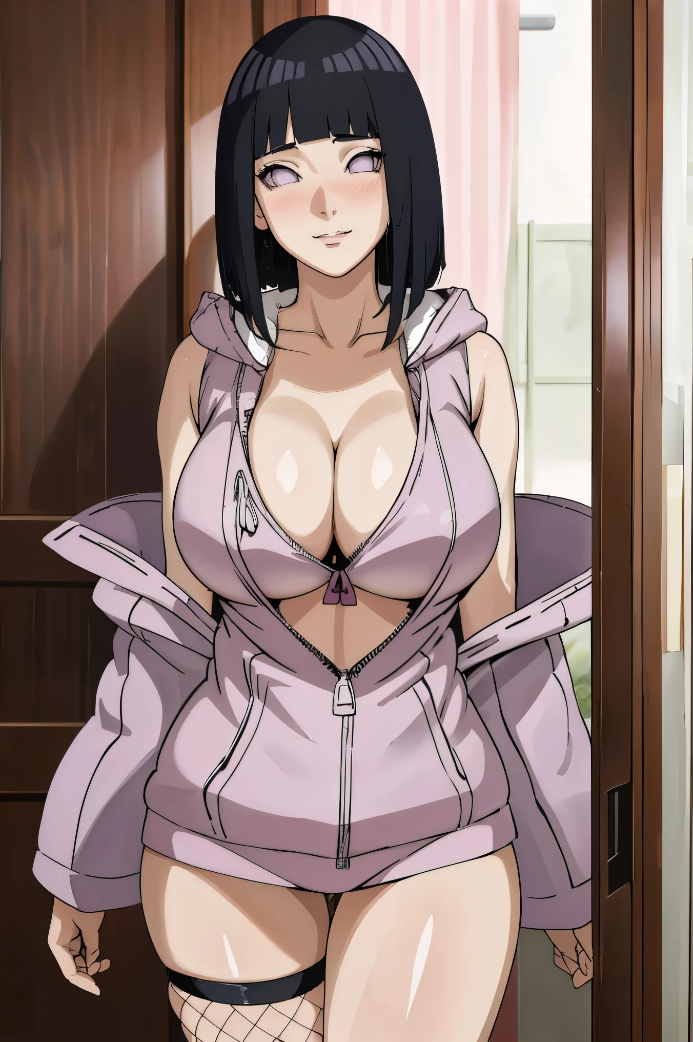 Made, absurderes, Hinata\(Boruto\), 1girll, Solo,Mature female, view the viewer,Perfectcomposition, Detailed lips, big breast, Beautiful face, body propotion, Blush, (Pink lips), Long hair, Purple eyes, Soft gaze, Sad smile, Super realistic, Detailed, photoshoot, Realistick faces and bodies,(perspire,Sweat a lot,Blushlush,Be red in the face,Blushlush),(Bigboobs),japanese house,Stand at the door,natta,raining day, (fishnet), ((unzipped hoodie)), ((cleavage)), sideboob, dark hair, sleeveless, thighs