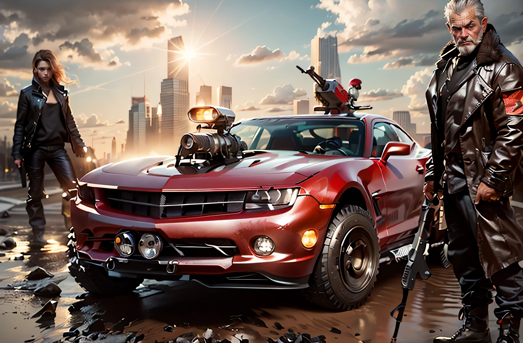 A grunge and dilapidated RED Chevy Corvette transformed into a battle car with missiles and machine gun with a man warrior Mel Gibson is on the right side and a woman warrior on the left in the background there is a huge city with many shosts buildings and a big sun shining