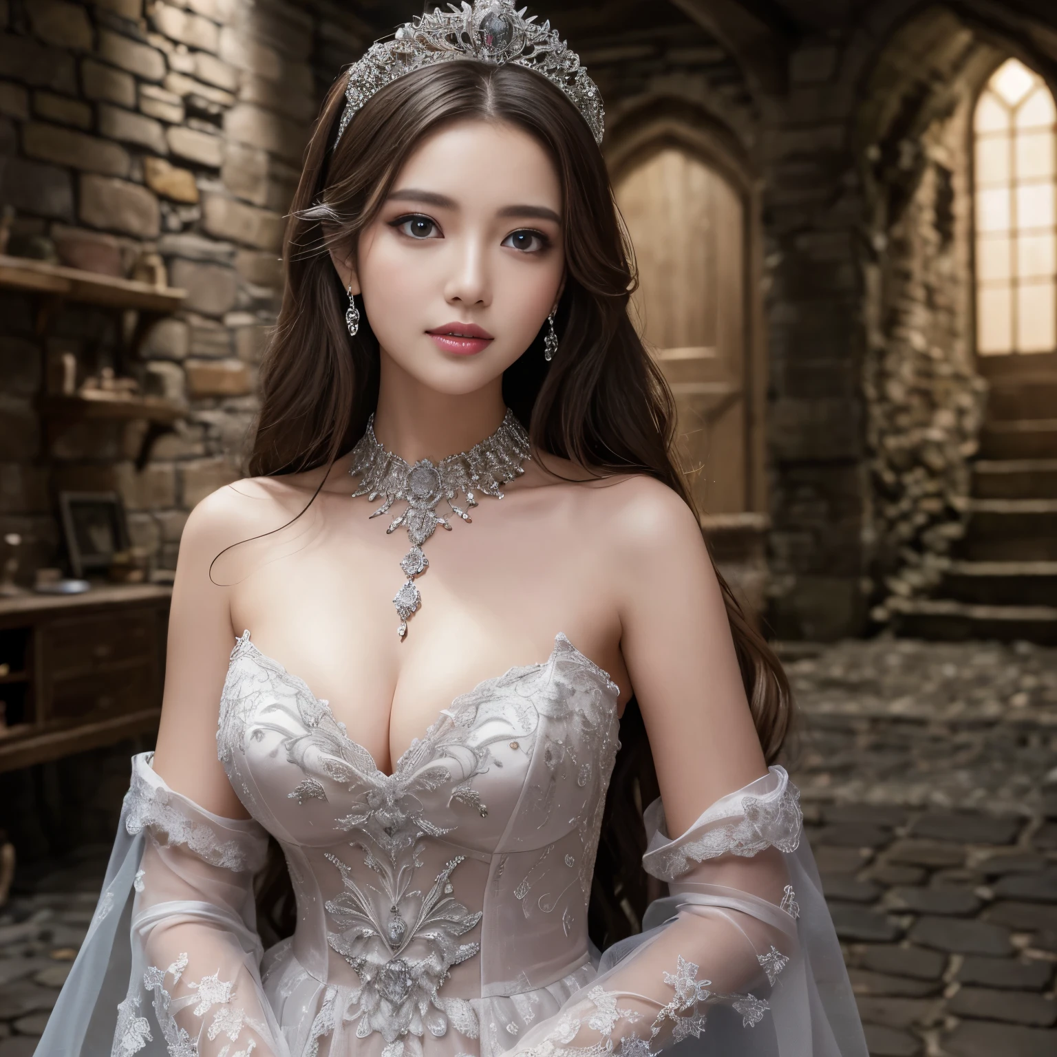 ((highest quality、table top、8k、best image quality、very intricate and detailed details))、One Princess、The most luxurious pure white princess dress、elegant decoration、Diamond decoration、A huge, shining tiara of the highest quality、top quality giant necklace、dress with lots of jewelry、big and full breasts、emphasize body line、eerie atmosphere、Creepy dungeon、Messy、cluttered、Creepy and cramped dungeon、Many torture instruments in the background、big labris、Lumpy concrete walls、damaged cobblestones、Dirty walls and floors、In the background is a double-edged axe and a saw、Dark and narrow dungeons、Perfectly reproduces the texture of craggy cobblestones、Surrounded by craggy stones、The texture of the craggy cobblestones is depicted in detail、The most elaborate and complex textures、The most realistic and complex background、Highly detailed and realistic background、look up at me、look up at me悲しい表情、A face that looks like it's about to cry、detailed face、Beautiful skin with ultra-high resolution gloss and moisture、Beautiful face in super high resolution、Super high resolution sparkling eyes、Super high resolution perfect teeth、super high resolution hair、perfect makeup