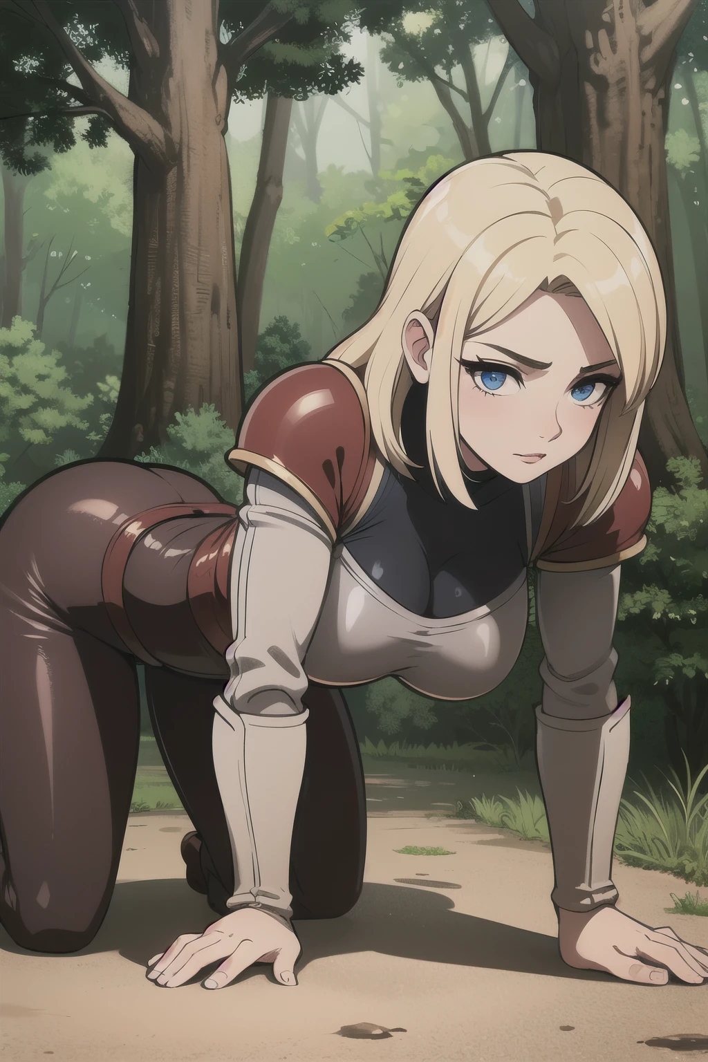 ((Best quality)), ((Masterpiece)), (detailed), perfect face perfect figure, Female Knight, Middle Ages, woman in knight's armor and leather clothes, blonde with blue eyes, One woman, In the forest, forest background, lots of bumpers, aged woman, stands on all fours, kneeling