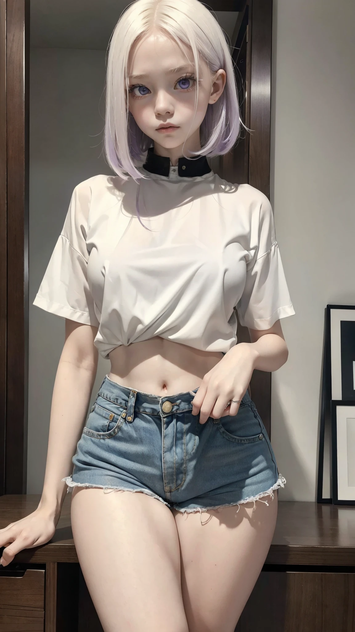 very albino girl, 12 years old, extremely beautiful, the most beautiful in the whole world, ultra big eyes, ultra purple irises, ultra full lips, straight hair, ultra short hair, ((ultra thin waist)), ultra flat stomach, ultra micro breasts, ultra wide hips , very thick thighs, small hands, very detailed face, intrinsic details, (always repeat the same face), (always repeat the same appearance), (always repeat the same proportions), (always repeat the same clothes), looking at the camera, completely alone, always shown full body, ((chubby)), wearing a very small shorts and ultra micro blouse