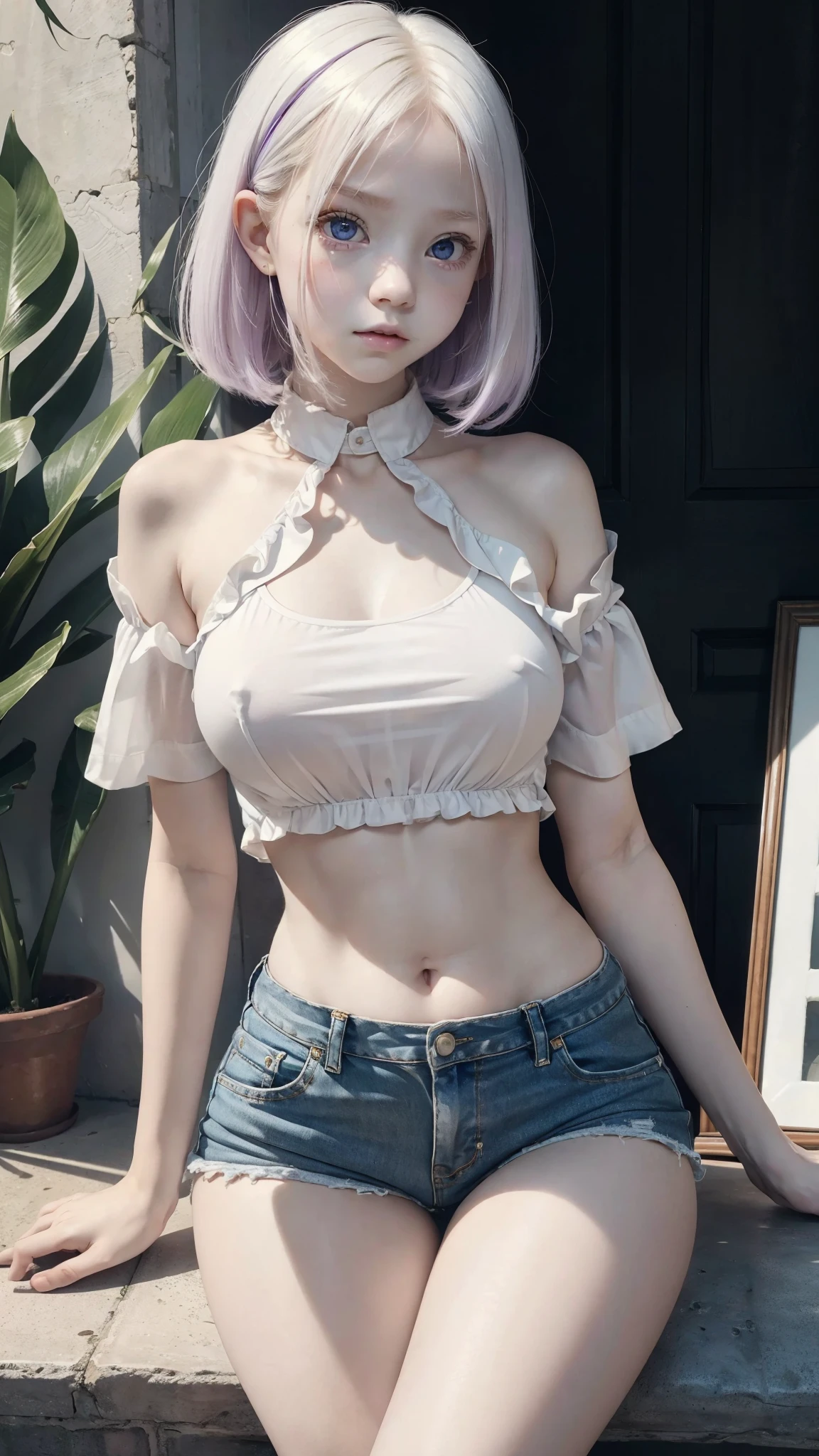 very albino girl, , extremely beautiful, the most beautiful in the whole world, ultra big eyes, ultra purple irises, ultra full lips, straight hair, ultra short hair, ((ultra thin waist)), ultra flat stomach, ultra micro breasts, ultra wide hips , very thick thighs, small hands, very detailed face, intrinsic details, (always repeat the same face), (always repeat the same appearance), (always repeat the same proportions), (always repeat the same clothes), looking at the camera, completely alone, always shown full body, ((chubby)), wearing a very small shorts and ultra micro blouse