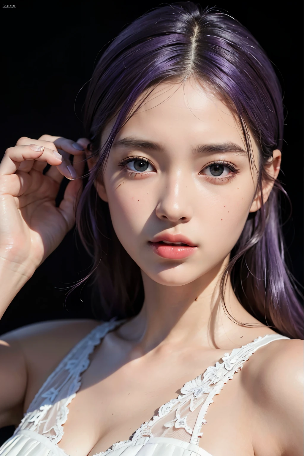best quality,masterpiece,extremely detailed,high res,4k,ultra high res,detailed shadow,ultra realistic,realistic,dramatic lighting,1girl,solo,detailed face,realistic eyes,realistic skin,white dress,purple hair,dynamic pose, white lace dress