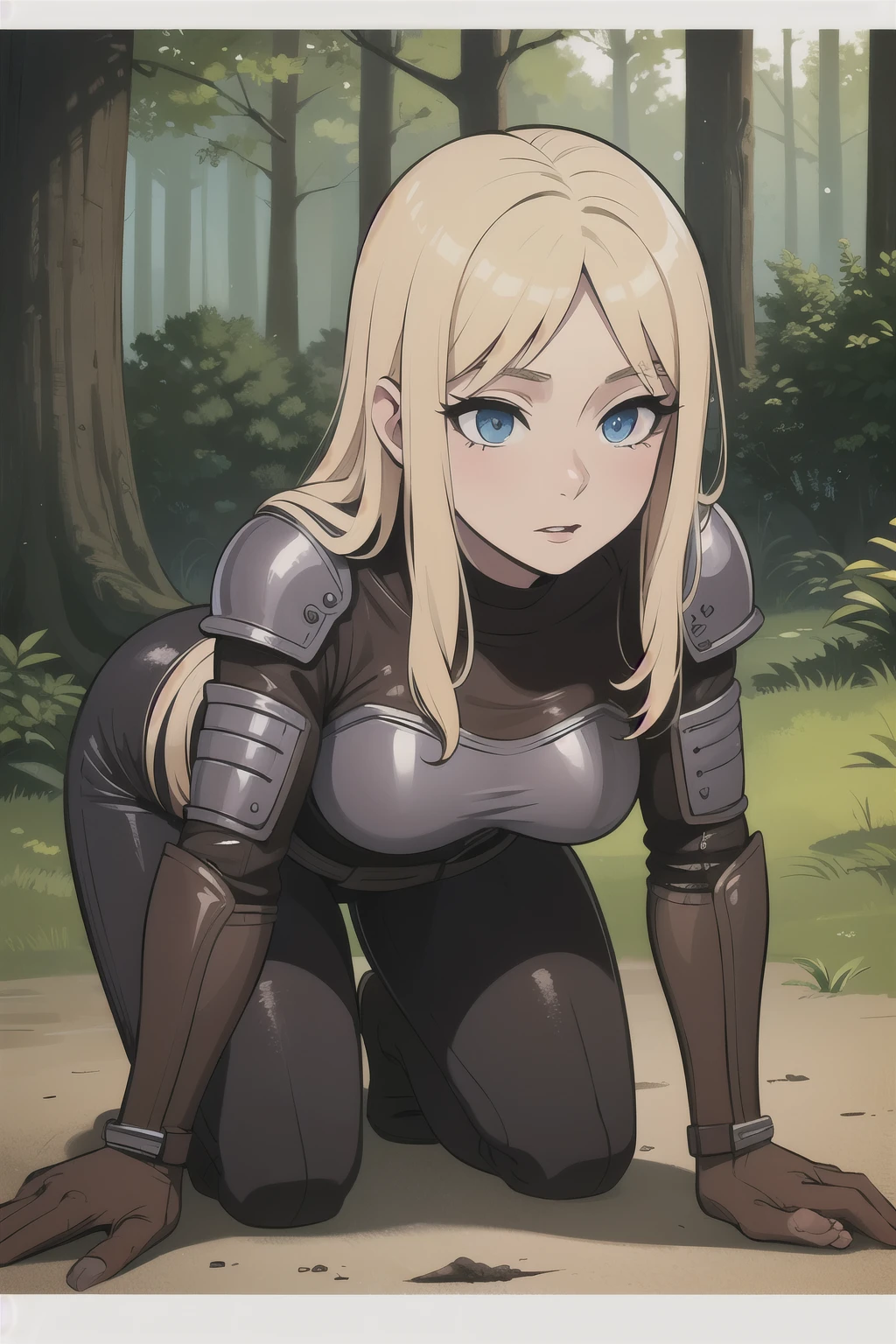 ((Best quality)), ((Masterpiece)), (detailed), perfect face perfect figure, Female Knight, Middle Ages, woman in knight&#39;s armor and leather clothes, blonde with blue eyes, One woman, In the forest, forest background, lots of bumpers, aged woman, stands on all fours, kneeling