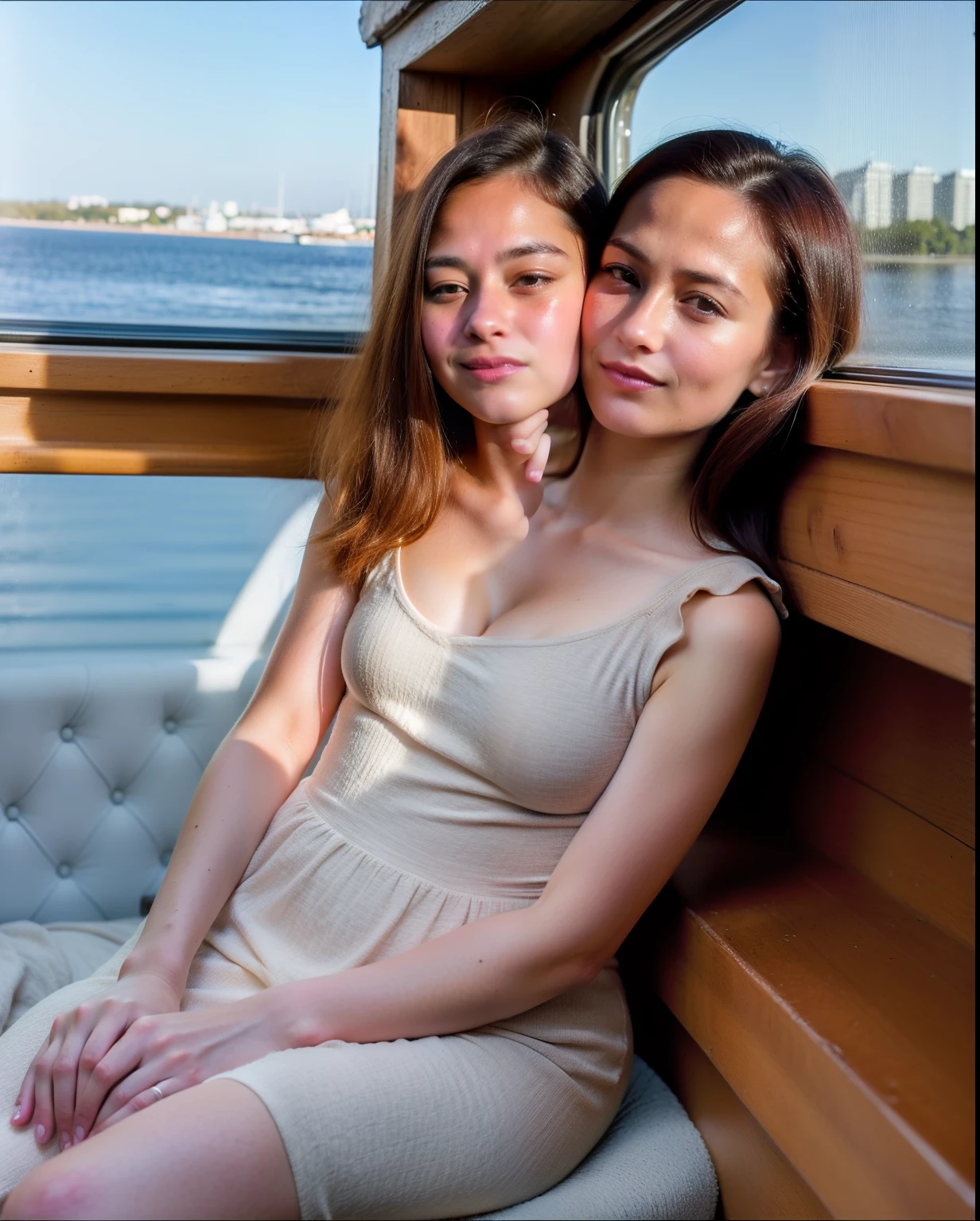 2heads, two headed girl, (mom and daughter:1.5), (one torso:1.5), (female:1.5), (redhead:1.4), (teenager:1.4), (caucasian:1.5), (two heads on one body:1.4), conjoined twins, heads side by side, one torso,left young, right old, uncomfortable