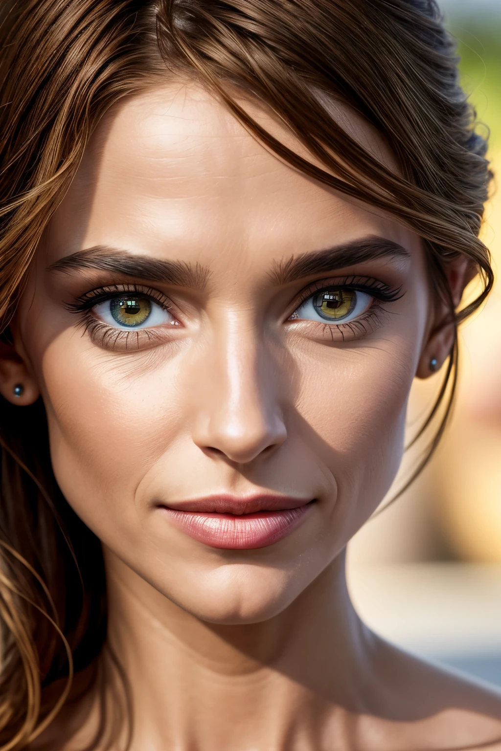 best quality, ultra haute résolution, (photorealistic:1.4), chef-d'artwork, 1fille, brun skin color, brun_eyes, depuis_behind, fourrure_garniture, cheveux_sur_Un_eye, lips, long_cheveux, se maquiller, regarder_has_viewer, regarder_dos, nez, photo_\(moyen\), photorealistic, realistic, seulement, dents, superior_corps
