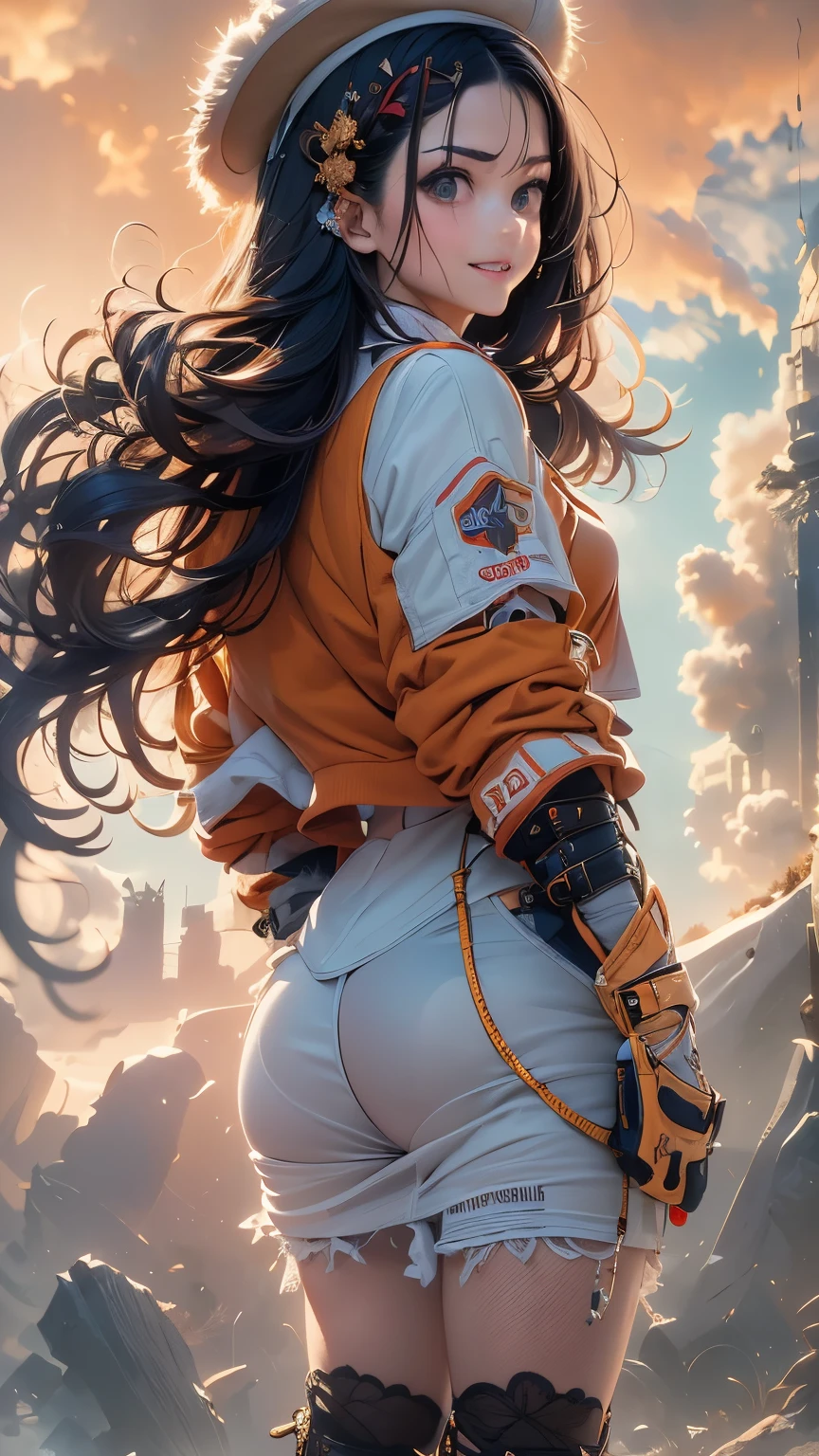 Masterpiece, Best Quality (Surrealism: 1.3), Excellent, Quality, Rembrandt Lighting, (Masterpiece: 1.2), (Realism: 1.2), (Best Quality), (Skin Details: 1.3), Dramatic, Idyllic, 1 Girl, Young Beautiful girl. Long black hair, young , Modern Clothes (sun, clouds, Stars, facing the viewer. ((Expressive eyes)), brown eyes, luscious scarlet lips, black hair, very long hair, closed mouth and smile, 16 years oldthing (Surrealism: 1.3), Excellent, quality, Modern Clothing.