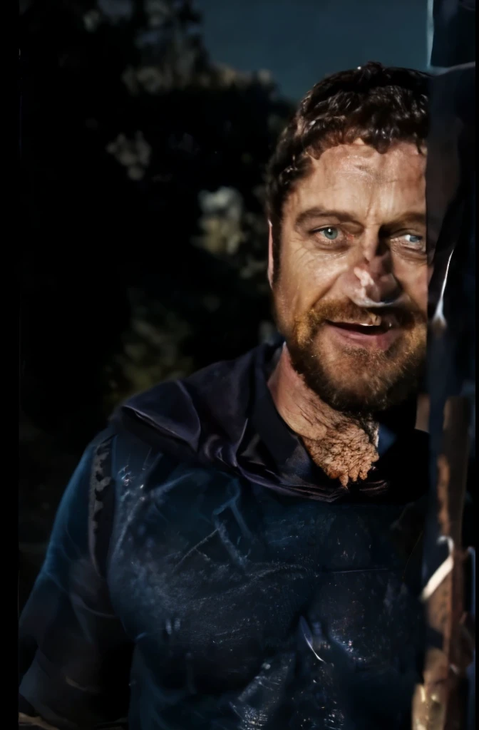 A man smiling in a dark blue shirt, private outdoor background, taken in the early 2024s, photo of a 53-year-old white Scottish man, Gerard Butler, about 53 years old, he is about 53 years old Scottish, chubby-like face, matured man, wearing a dark blue shirt, only wearing dark blue shirt, no jackets, no face cap, selfie picture, selfie image, rough face outline, rough face, natural skin, smiling face, chubby face, original outline, Gerard Butler 2024, Gerard Butler selfie, exact face, Gerard Butler February 2024, standing selfie, average image, natural photo, original image, chubby matured male, average selfie, rough face, average quality, natural face, buff body type, chubby body type, fat face, smooth shave.