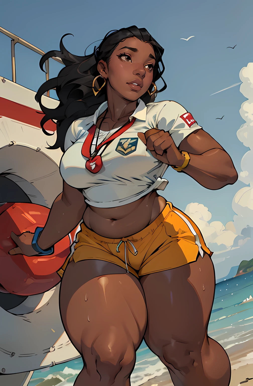 dark skin ((1 girl)) ((((((fat)))))), huge tits, ((thick thighs)) (wide hips) ((toned body)) (((long abs))) ((curvy)) (thick thighs)) (dark skin) huge lips, black hair very long hair, ((lifeguard outfit)), high rise shorts, whistle on neck, earrings, on a beach, ((running)), sweaty, (shiny skin)