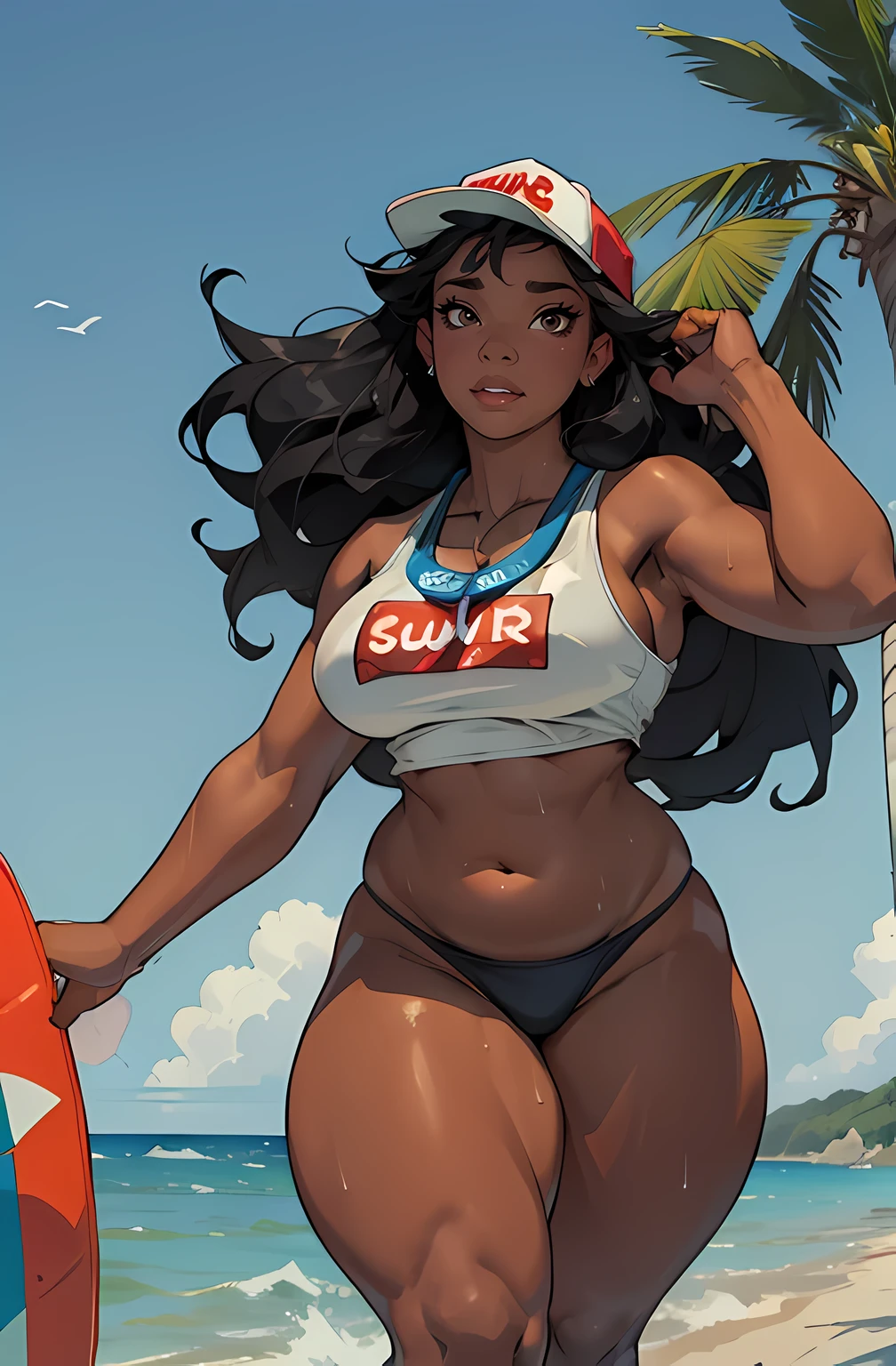 dark skin ((1 girl)) ((((fat)))), huge tits, ((thick thighs)) ((wide hips)) ((toned body)) ((curvy)) (thick thighs)) (dark skin) black hair very long hair, ((lifeguard outfit)), on a beach, (running), sweaty, shiny skin