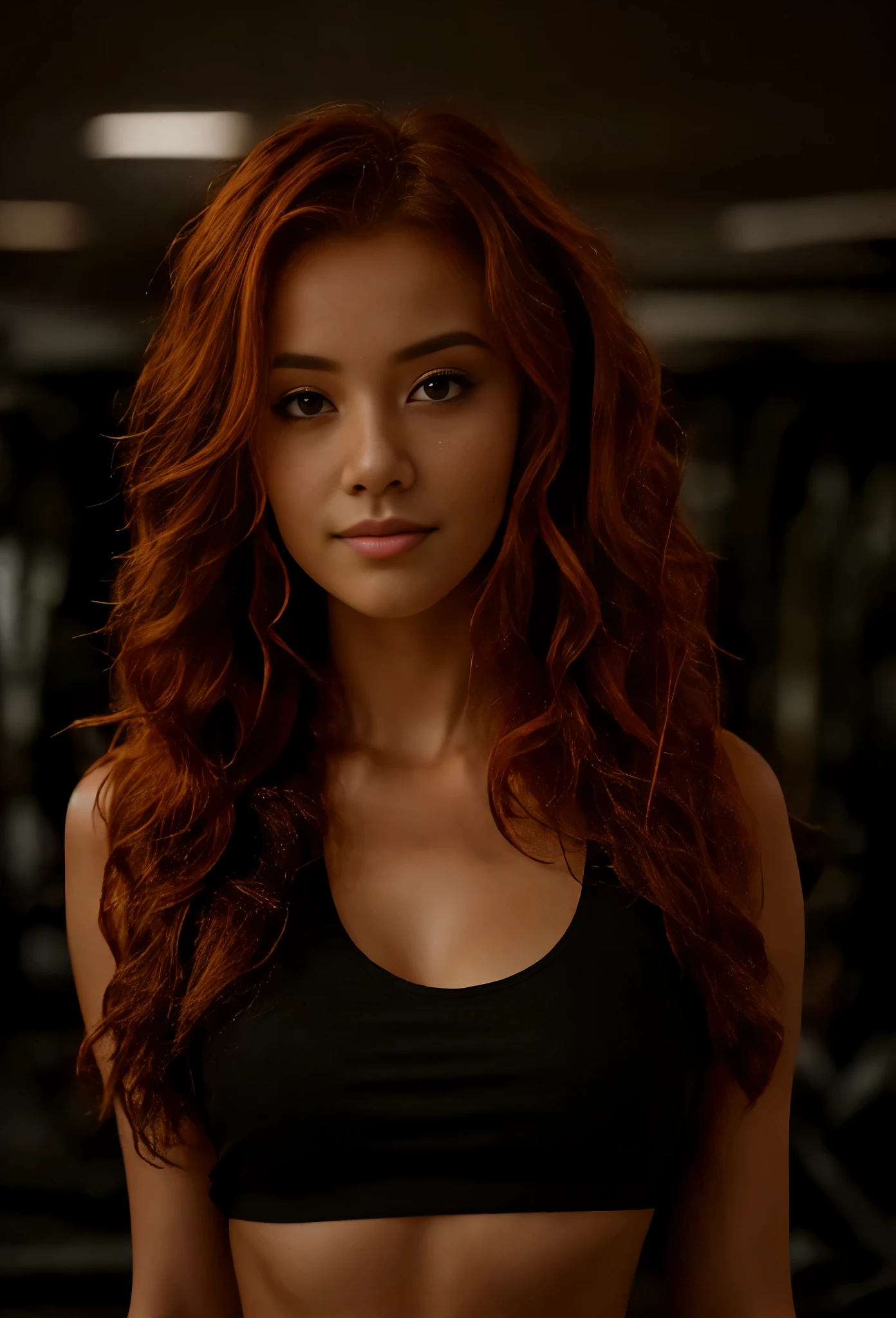 Erika, 20 years old, young woman, red hair, wavy hair, long hair, light brown skin, wearing black top, wearing gym clothes, seductive expression, slight smile, standing in front of the camera, in the gym, modern minimalistic gym background, blur background, tight medium shot, photo realistic, 8k, UHD, high textured skin, high details, highres, hyperrealistic, ccurate, Sony FE 16-35mm, aspect ratio 2:3