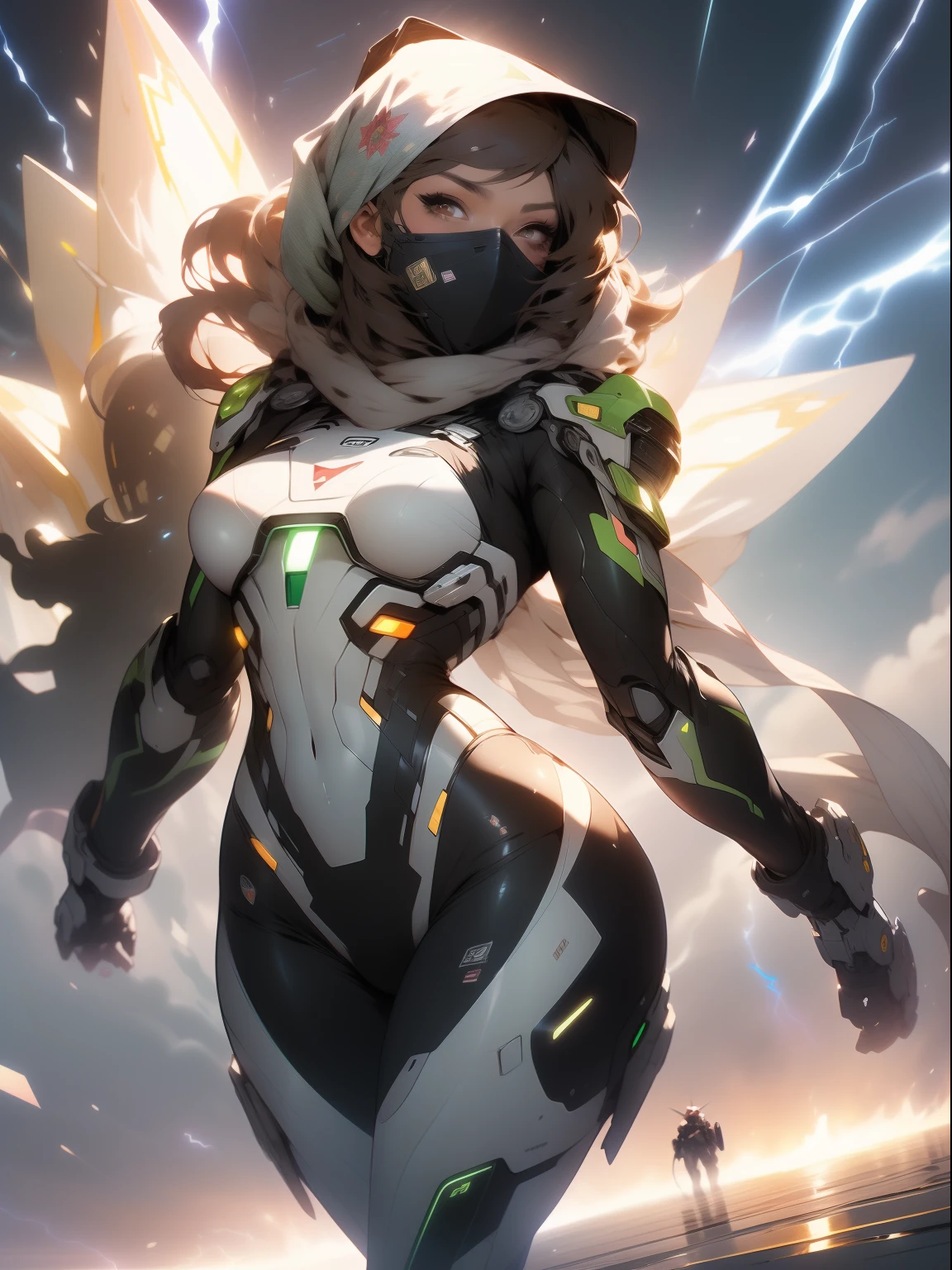 ((Best quality)), ((masterpiece)), (detailed: 1.4), (Nonsense), Fighter pilot Muslim woman ready for war, dark skin, Middle Eastern woman, sculptural body with defined muscles, mouth closed, muscular body covered by a technological dress Hoyoverse style, Honkai Impact, Geishin Impast, veil covering the face, Veil covering the head, whole body covered by clothing, ((small breasts)),  (brown eyes without pupils), ((very dark and white green clothing)), (((dark brown wavy hair fulfilled)), (thin white stripes on the green covering the breasts), (image of a Persian sword on the arms), (((lightning ray drawings on the arms)), very long eyelashes, heavy eye makeup, lots of jewelry, by mucha, niji --V5, close to the real, psychopathic, crazy face,  sexy pose, background with a giant Gundam style robot head, 2 piece clothing, shoulder pads, airplane wings on the back, pastel, centered, scale to fit dimensions, HDR (High Dynamic Range),Ray Tracing,NVIDIA RTX,Super-Resolution,Unreal 5,Subsurface dispersion, PBR texture, Post-processing, Anisotropic filtering, Depth of field, Maximum clarity and sharpness, Multilayer textures, Albedo and specular maps,  Surface Shading, Accurate Simulation of Light-Material Interaction, Perfect Proportions, Octane Render, Two-Tone Lighting, Wide Aperture, Low ISO, White Balance, Rule of Thirds, 8K RAW, Crysisnanosuit