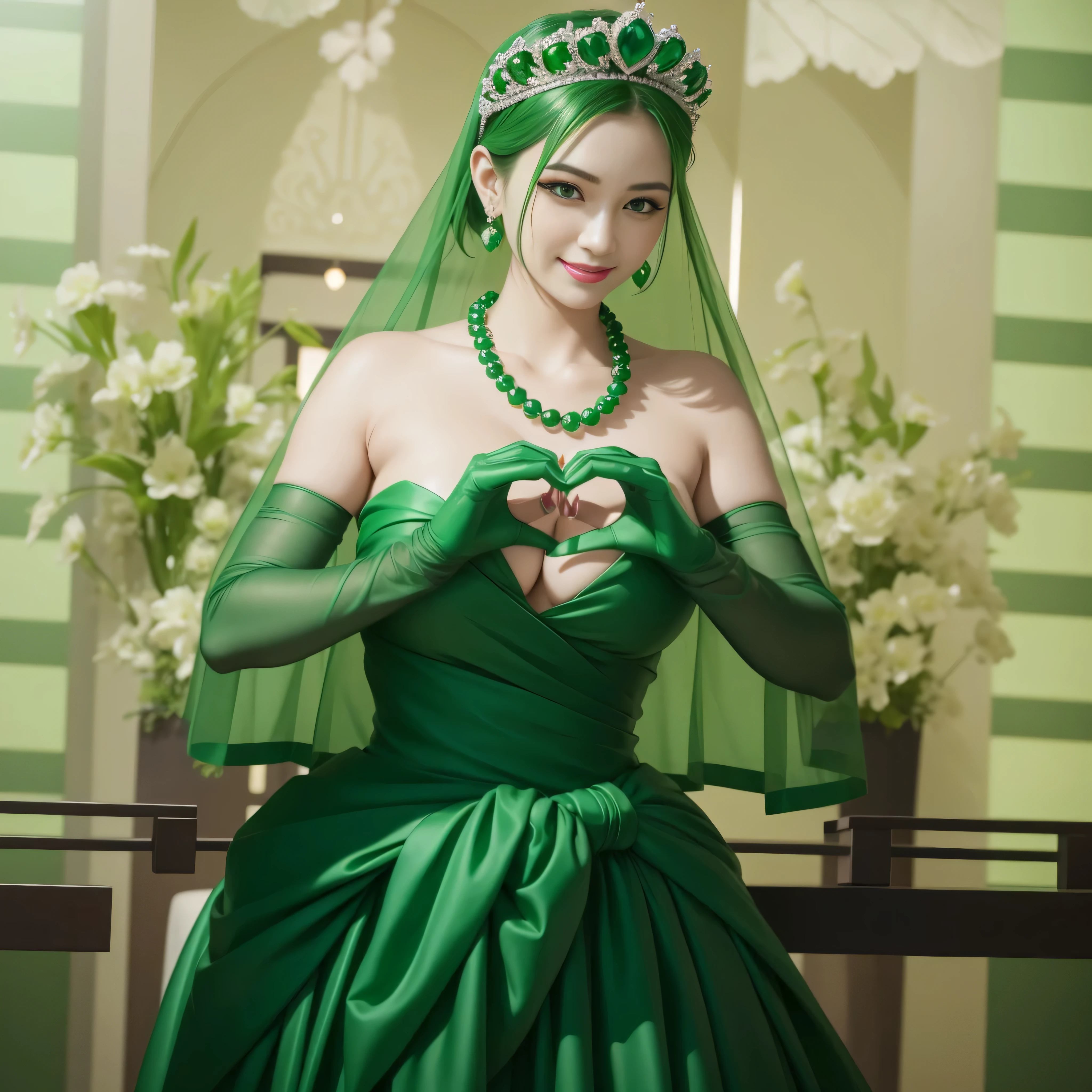 emerald tiara, Green Pearl Necklace, ボーイッシュな非常に短いgreen hair, green lips, smiling Japanese woman, very short hair, Beautiful woman with big breasts, green eyes, green satin long gloves, green eyes, emerald earrings, Green veil, Heart with both hands, green hair, beautiful japanese woman, heart shaped hands:1.3, green lip gloss
