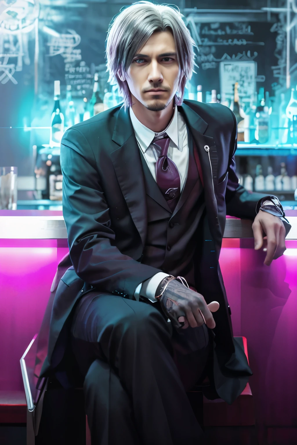 anime guy in a suit and tie sitting on a bench, commission for high res, digital art from danganronpa, sitting at a bar, at a bar, sitting at the bar, in a bar, sitting alone at a bar, speakeasy bar background, beaten tech. neo noir style, epic and classy portrait, neo noir style, portrait of professor sinister, realistic