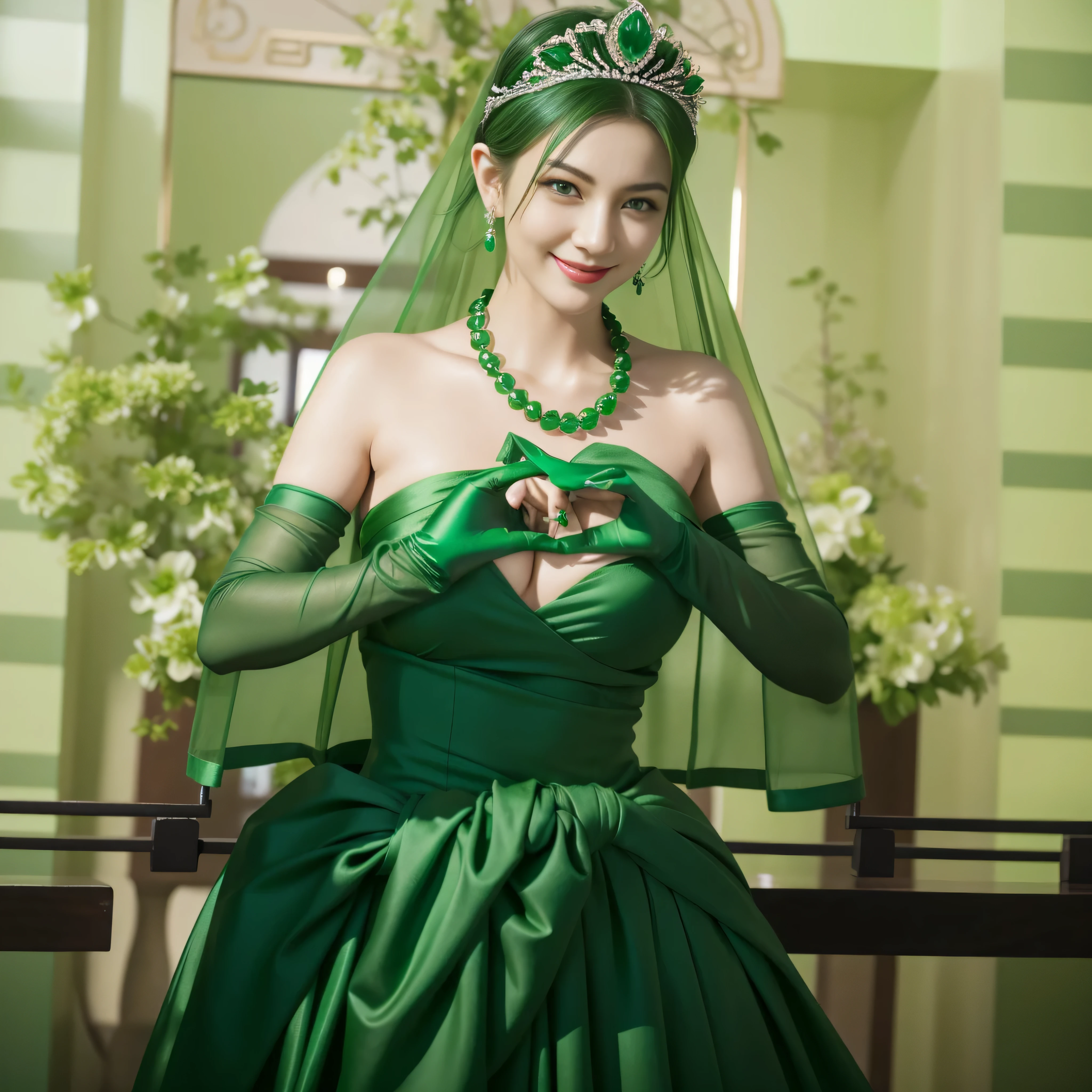 emerald tiara, Green Pearl Necklace, Boyish green berry short hair, lipstick, smiling Japanese woman, very short hair, big breasts beautiful, green eyes, green satin long gloves, green eyes, v sign, emerald earrings, Green veil, green lip gloss
